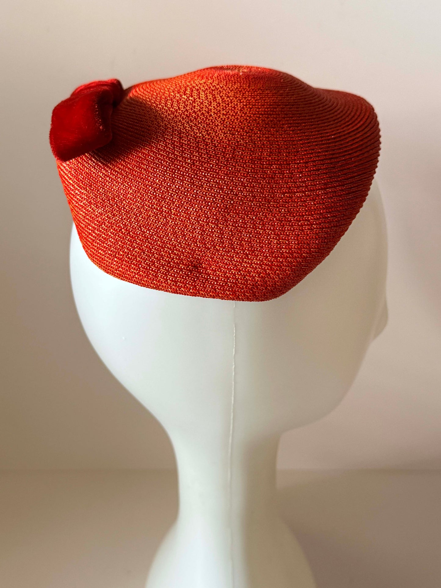 Vintage Pauline Model Orange Straw Half Hat with Velvet Bow | 1960s Mod Cocktail Hat | Mid Century Designer Millinery