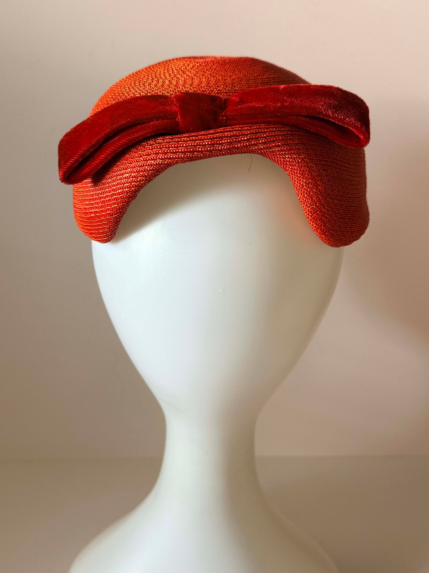 Vintage Pauline Model Orange Straw Half Hat with Velvet Bow | 1960s Mod Cocktail Hat | Mid Century Designer Millinery