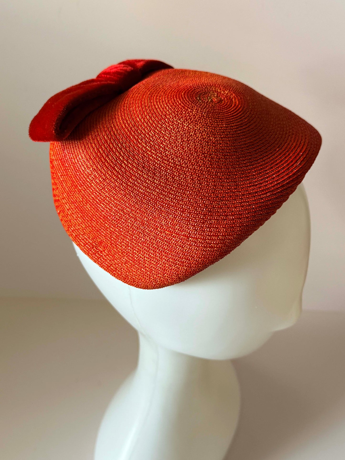 Vintage Pauline Model Orange Straw Half Hat with Velvet Bow | 1960s Mod Cocktail Hat | Mid Century Designer Millinery