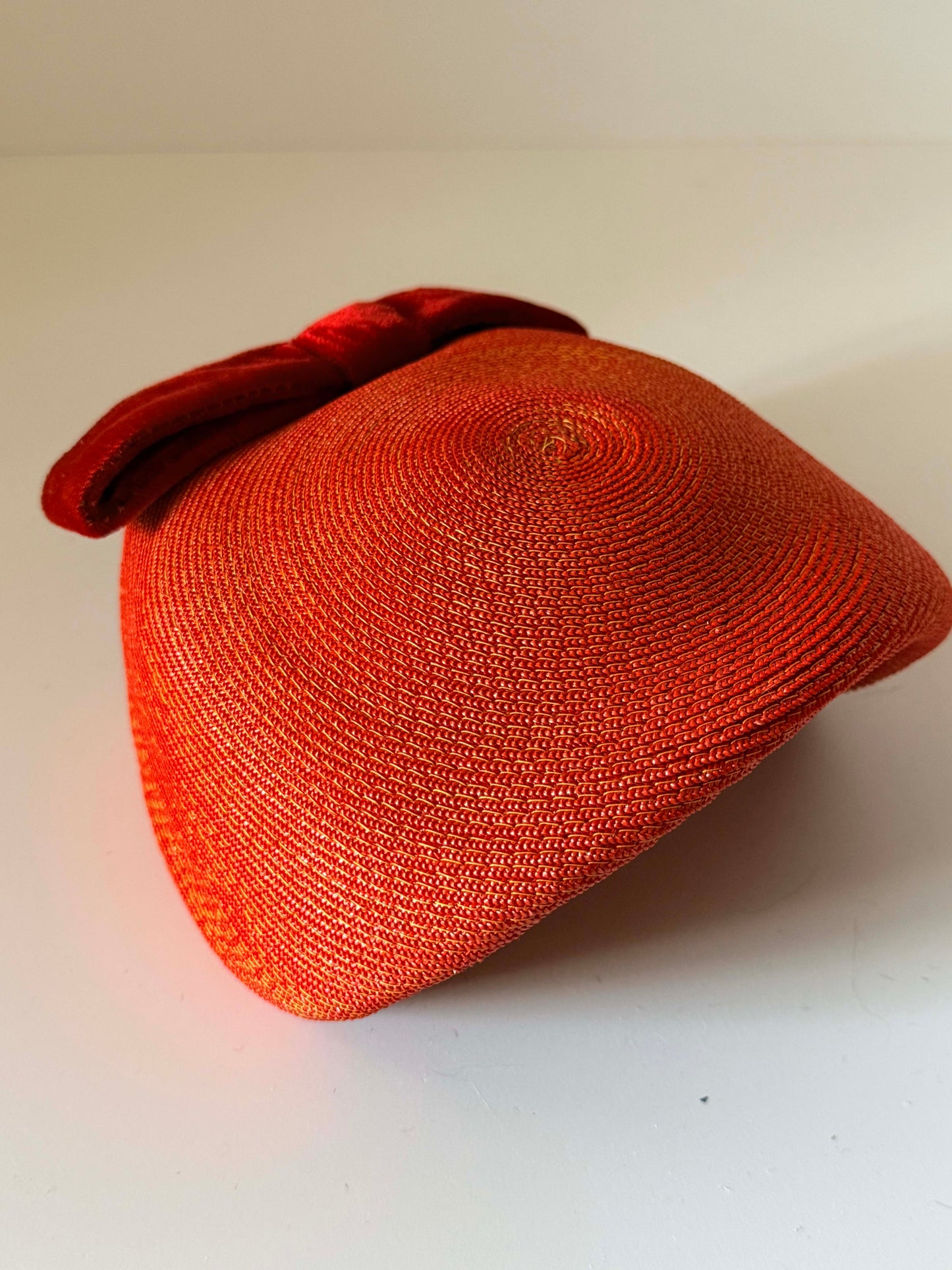 Vintage Pauline Model Orange Straw Half Hat with Velvet Bow | 1960s Mod Cocktail Hat | Mid Century Designer Millinery