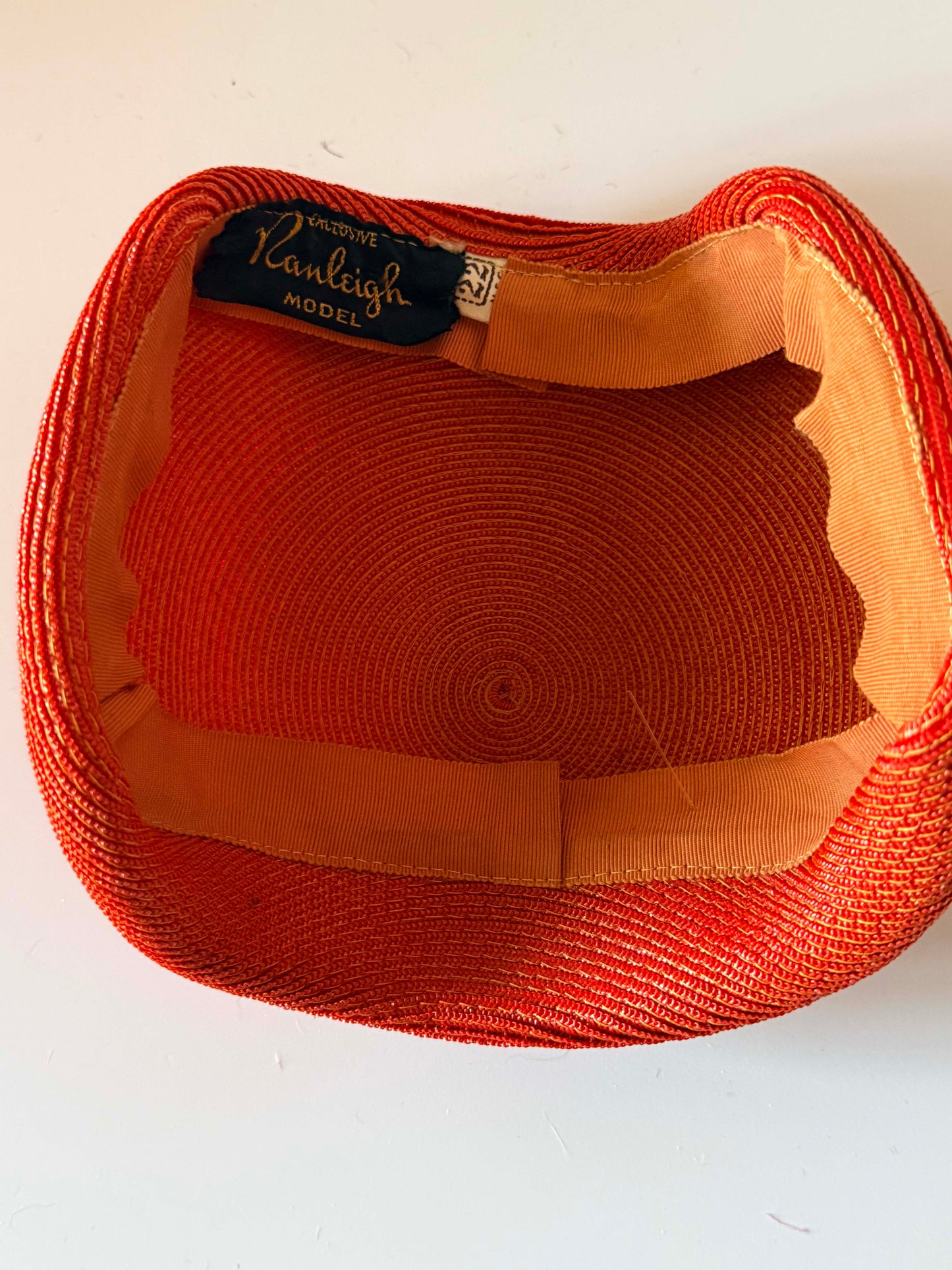 Vintage Pauline Model Orange Straw Half Hat with Velvet Bow | 1960s Mod Cocktail Hat | Mid Century Designer Millinery