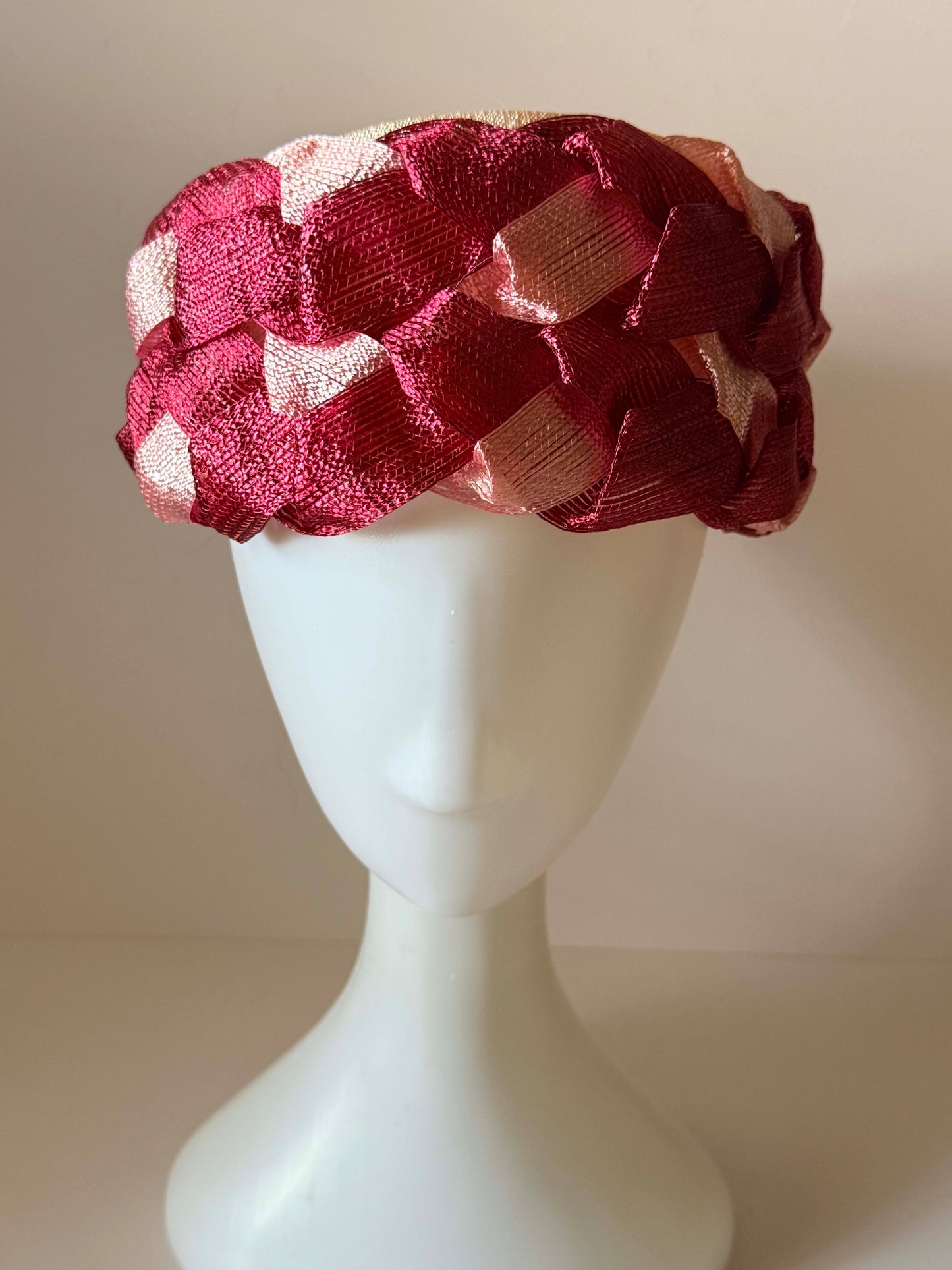 Vintage Burgundy & Blush Pink Woven Ribbon Pillbox Hat | 1960s Sculptural Cocktail Hat | Mid Century Halo Millinery