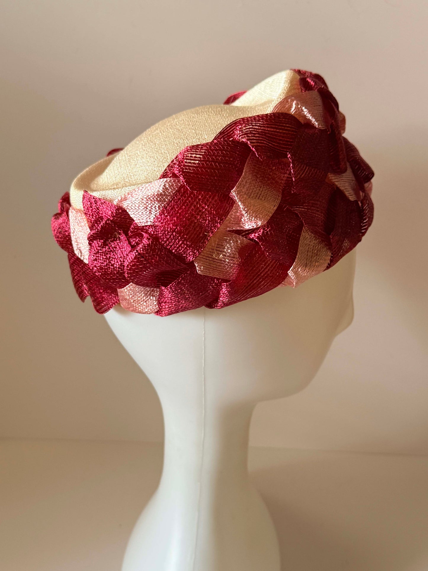 Vintage Burgundy & Blush Pink Woven Ribbon Pillbox Hat | 1960s Sculptural Cocktail Hat | Mid Century Halo Millinery