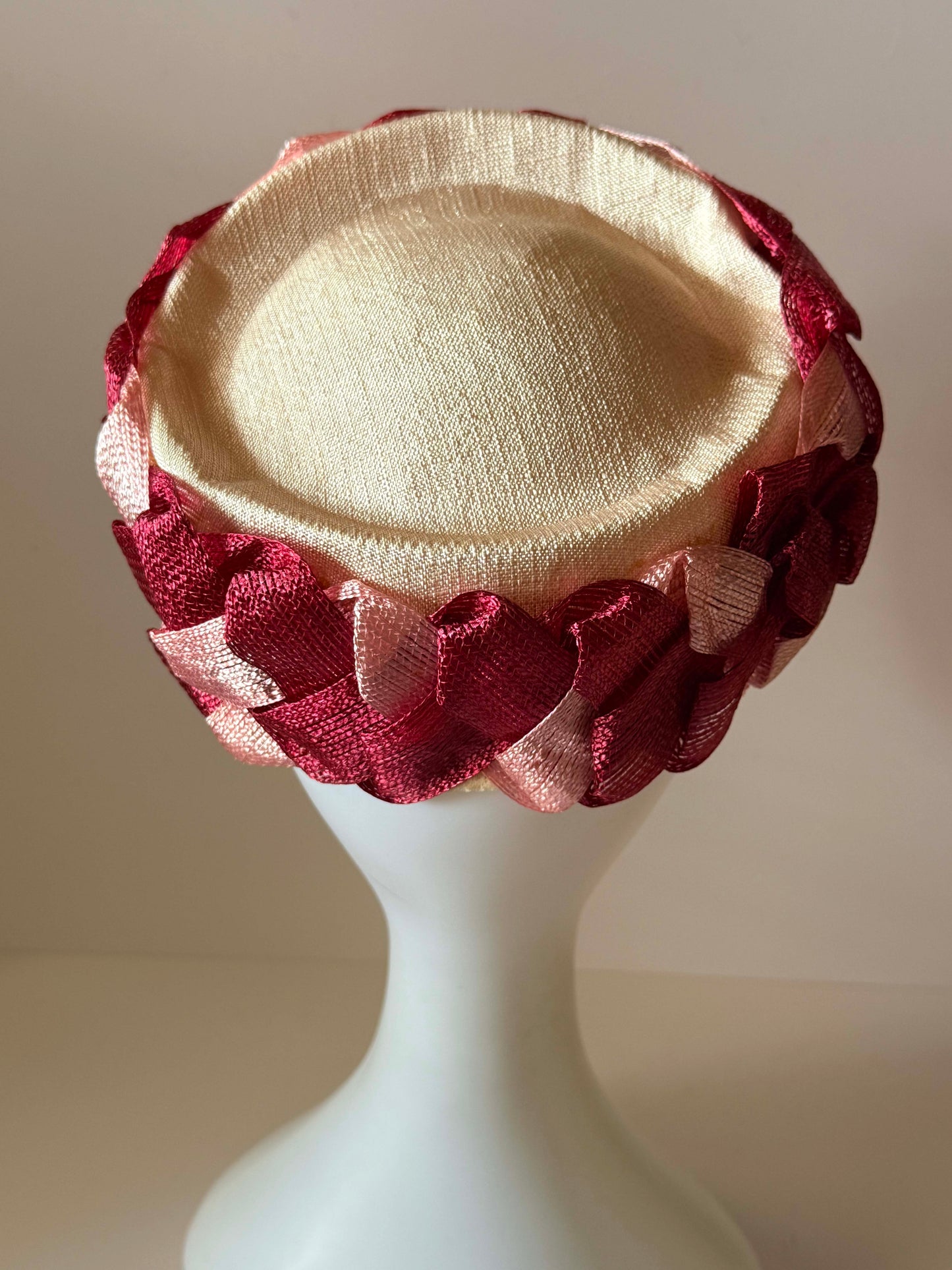 Vintage Burgundy & Blush Pink Woven Ribbon Pillbox Hat | 1960s Sculptural Cocktail Hat | Mid Century Halo Millinery