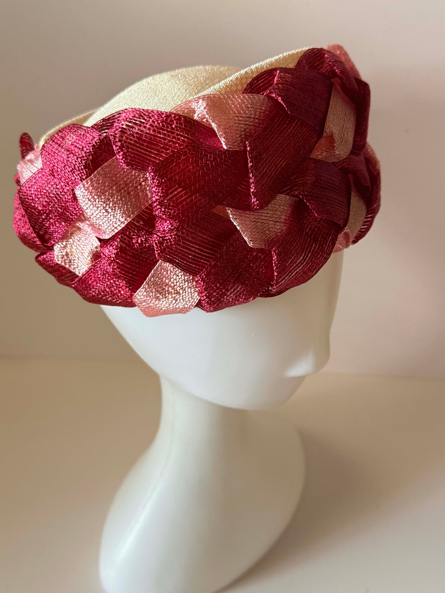 Vintage Burgundy & Blush Pink Woven Ribbon Pillbox Hat | 1960s Sculptural Cocktail Hat | Mid Century Halo Millinery