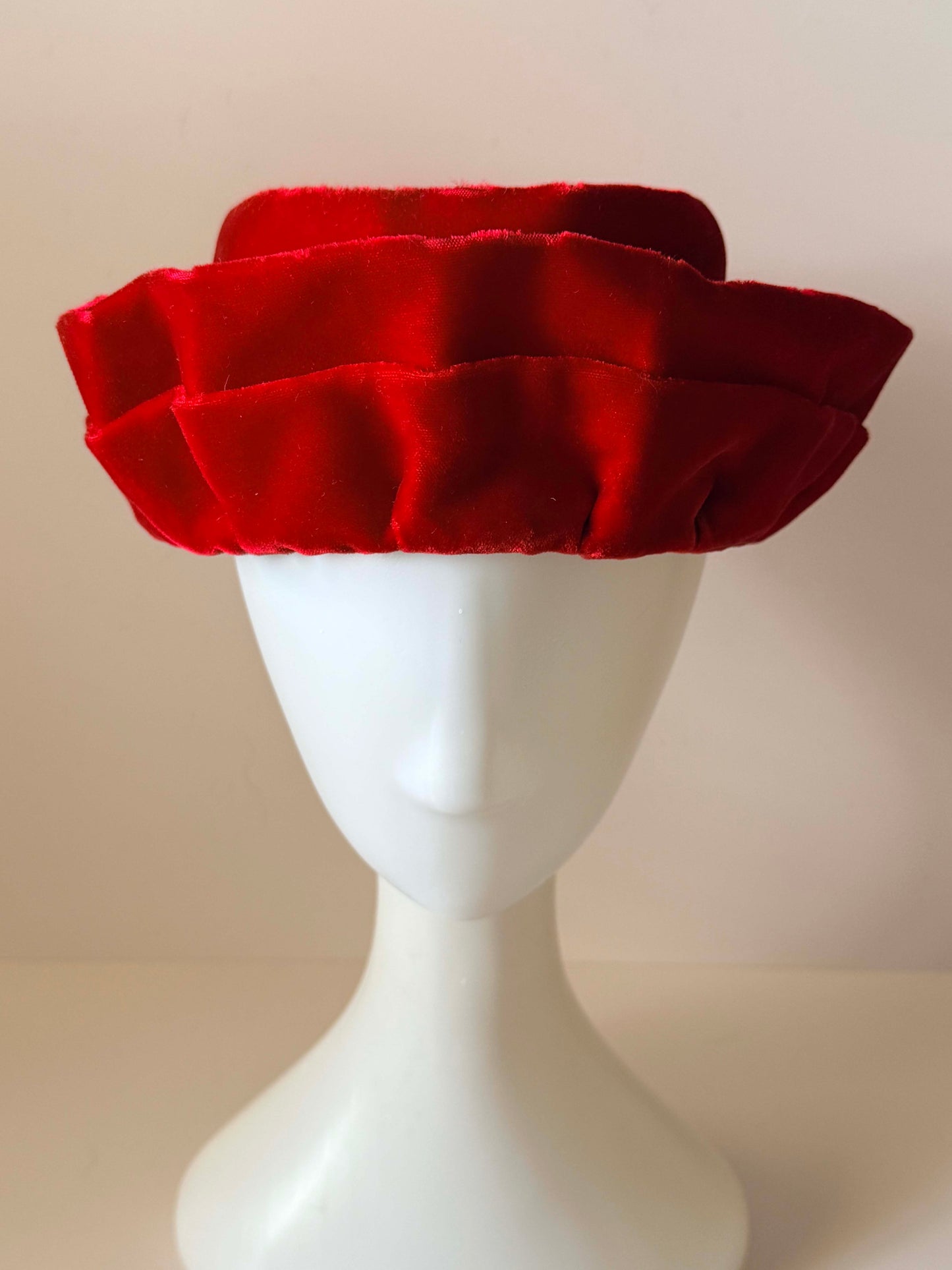 Vintage Red Velvet Brimmed Pillbox Hat 1960s Sculptural Cocktail Hat | Women's Holiday Hat | Mid Century Millinery