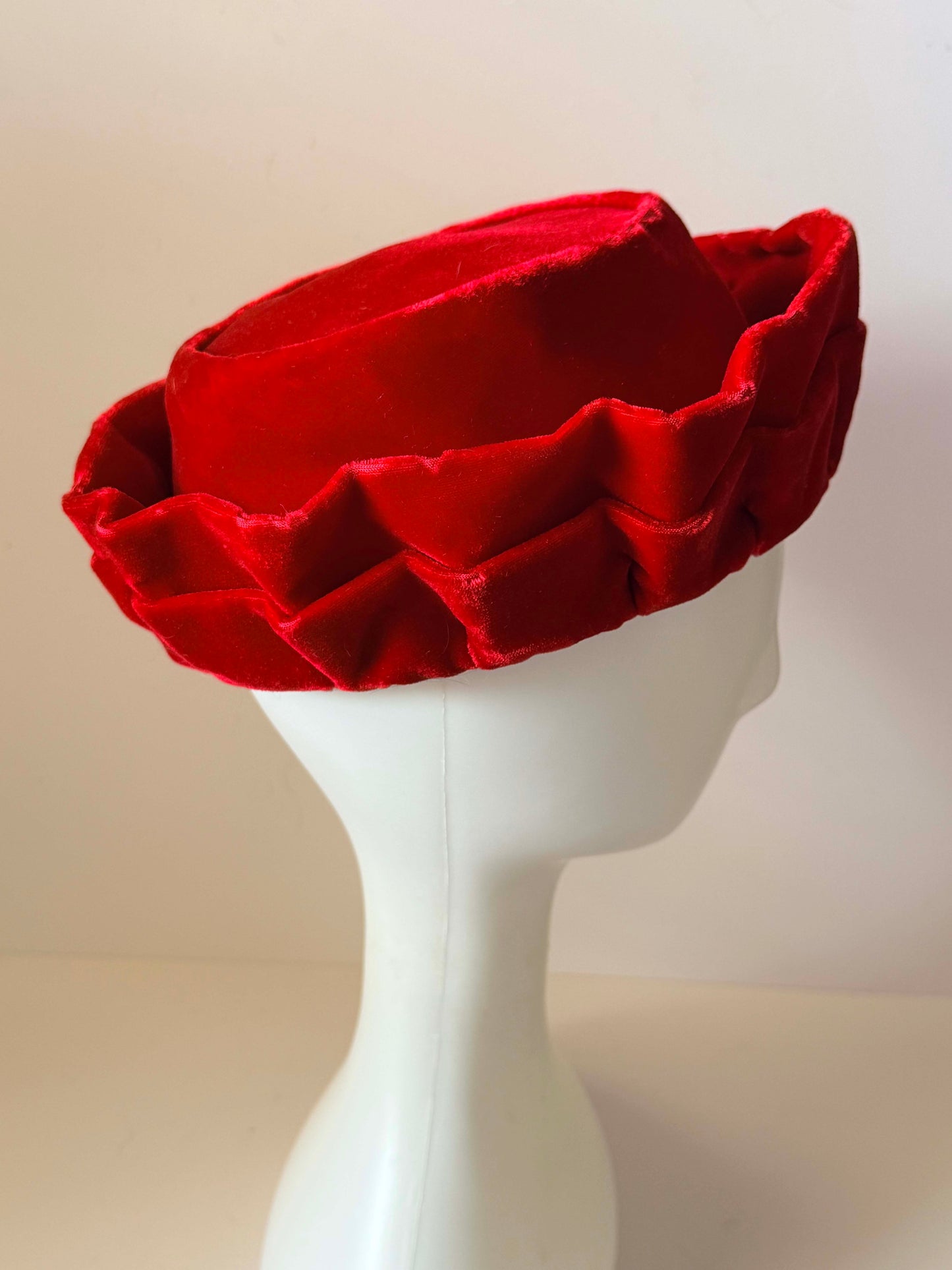 Vintage Red Velvet Brimmed Pillbox Hat 1960s Sculptural Cocktail Hat | Women's Holiday Hat | Mid Century Millinery