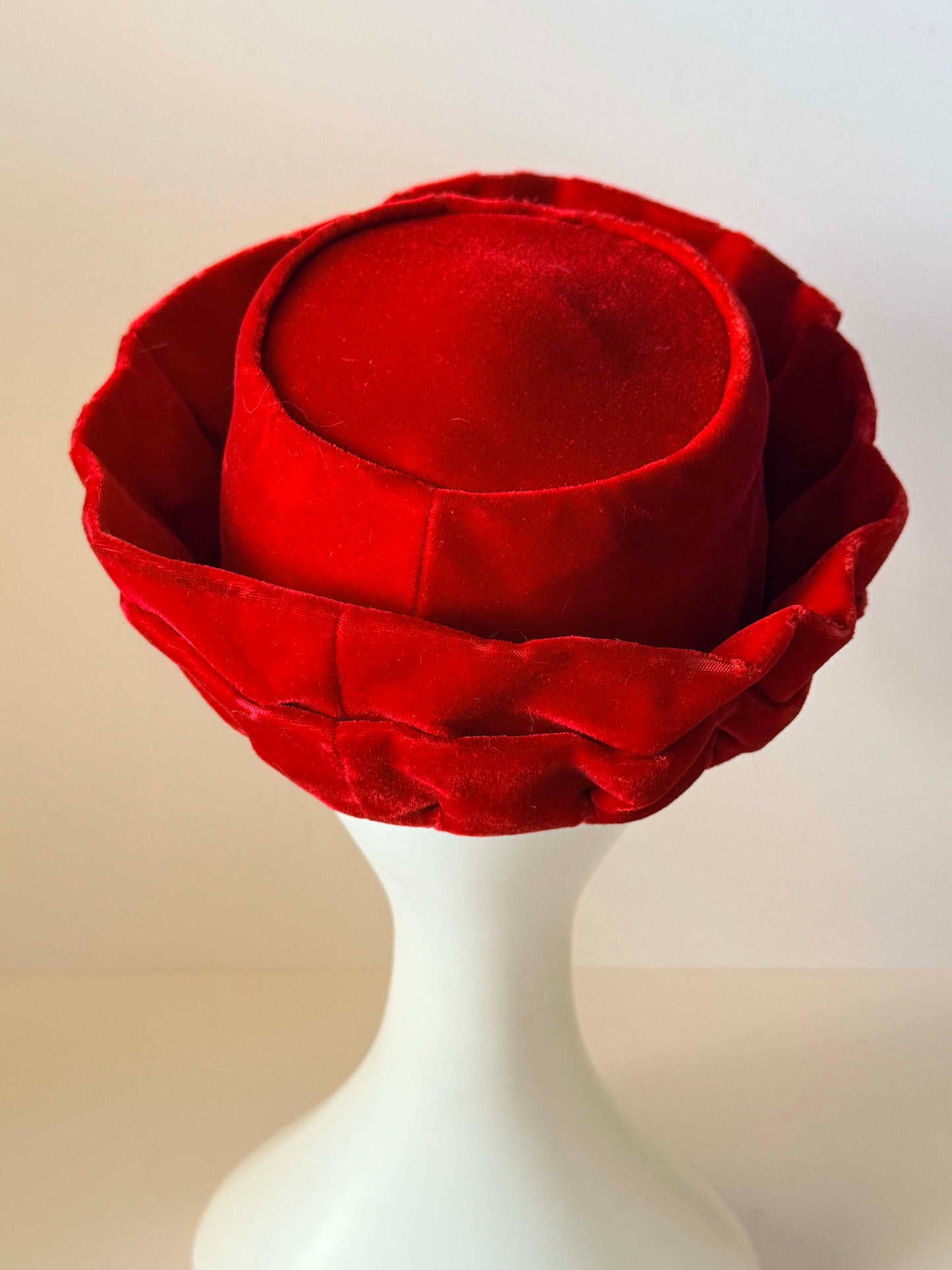 Vintage Red Velvet Brimmed Pillbox Hat 1960s Sculptural Cocktail Hat | Women's Holiday Hat | Mid Century Millinery
