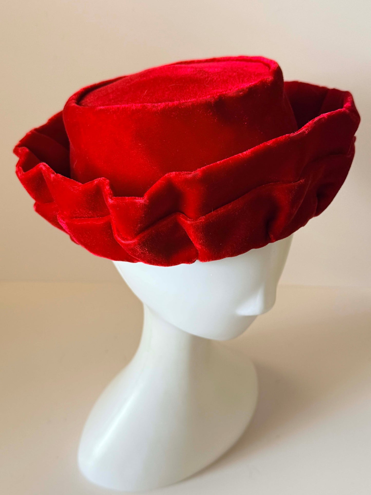 Vintage Red Velvet Brimmed Pillbox Hat 1960s Sculptural Cocktail Hat | Women's Holiday Hat | Mid Century Millinery