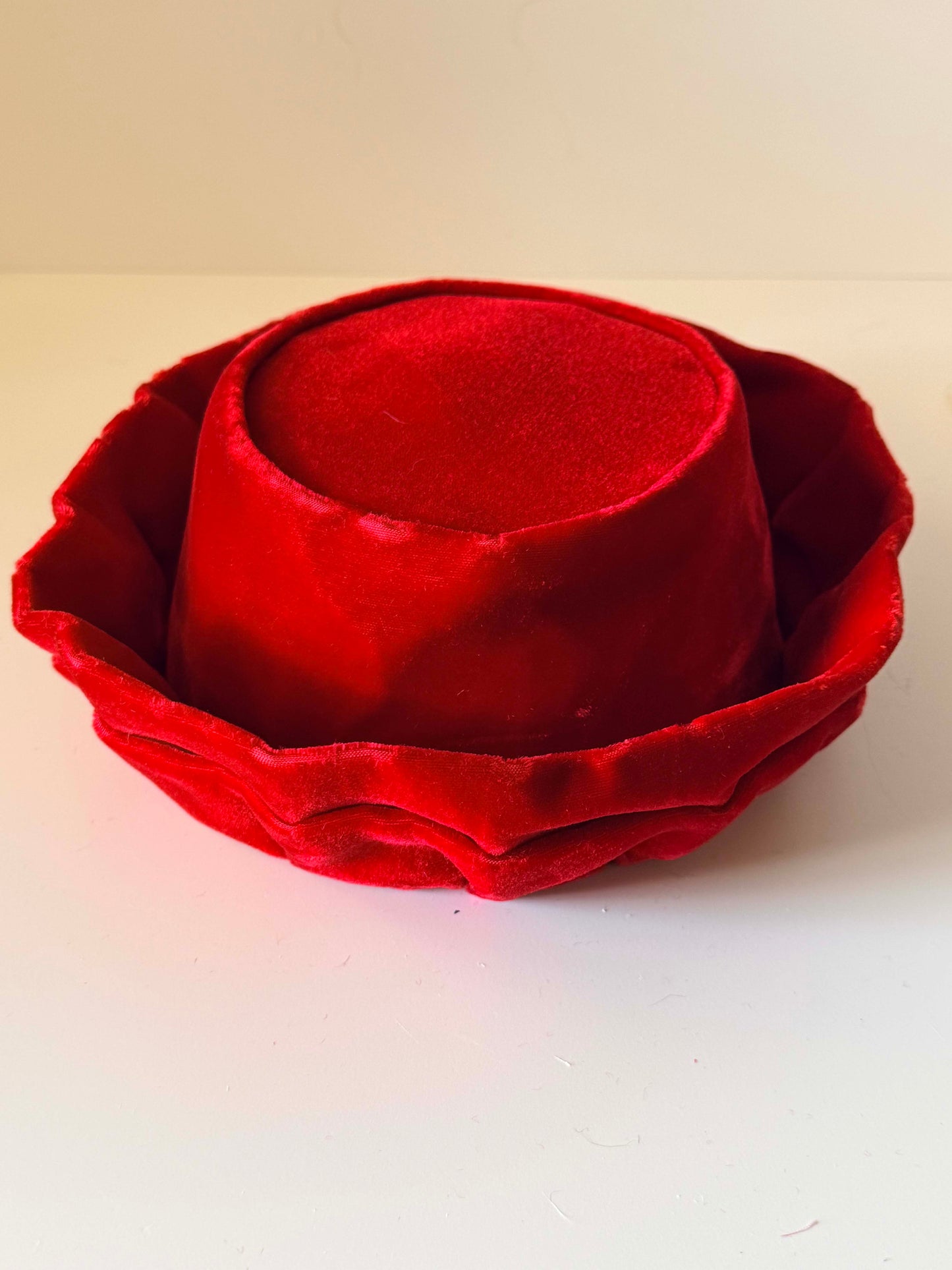 Vintage Red Velvet Brimmed Pillbox Hat 1960s Sculptural Cocktail Hat | Women's Holiday Hat | Mid Century Millinery