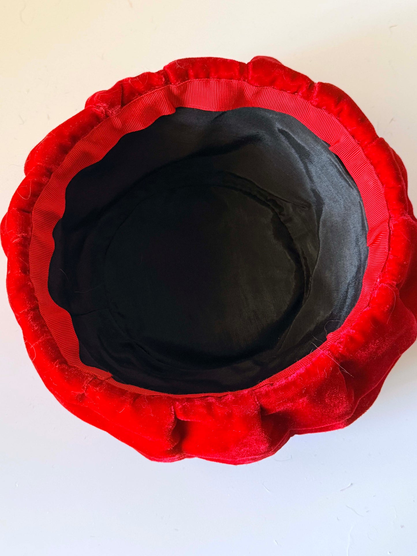 Vintage Red Velvet Brimmed Pillbox Hat 1960s Sculptural Cocktail Hat | Women's Holiday Hat | Mid Century Millinery