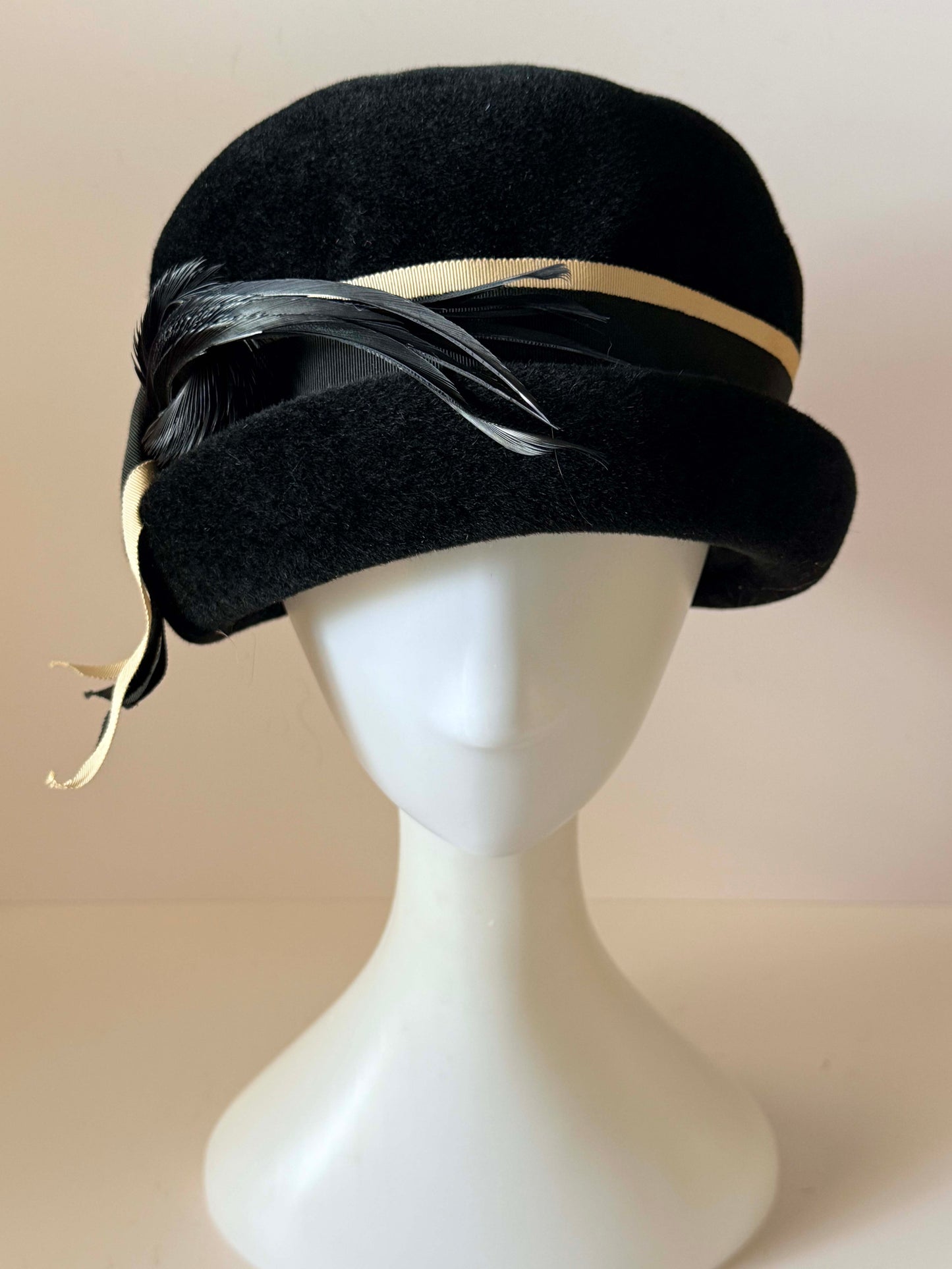 Vintage Adele Claire Black Velvet Cloche Hat 1960s Feather Cocktail Hat Black Wool Felt Designer Millinery