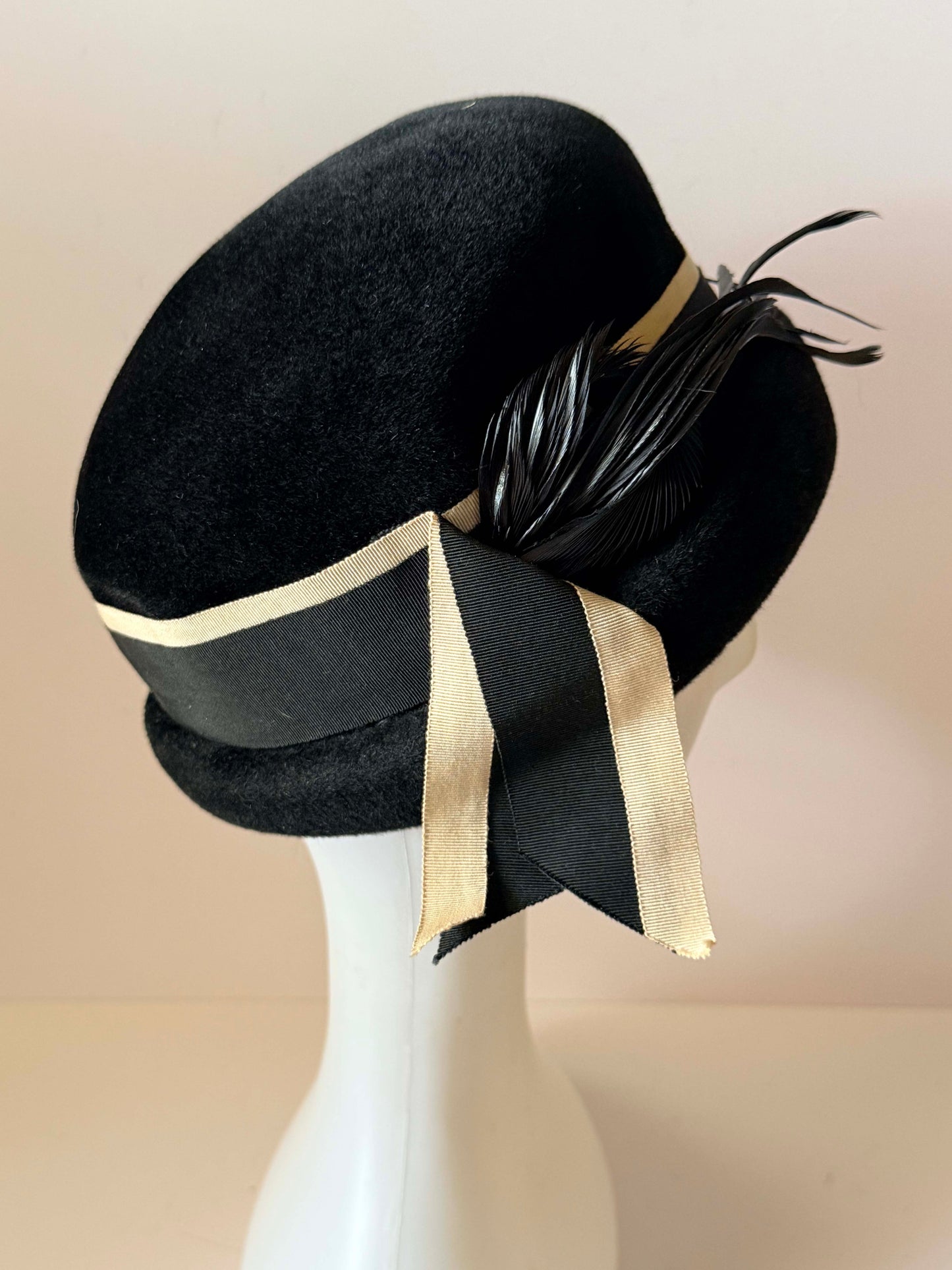 Vintage Adele Claire Black Velvet Cloche Hat 1960s Feather Cocktail Hat Black Wool Felt Designer Millinery