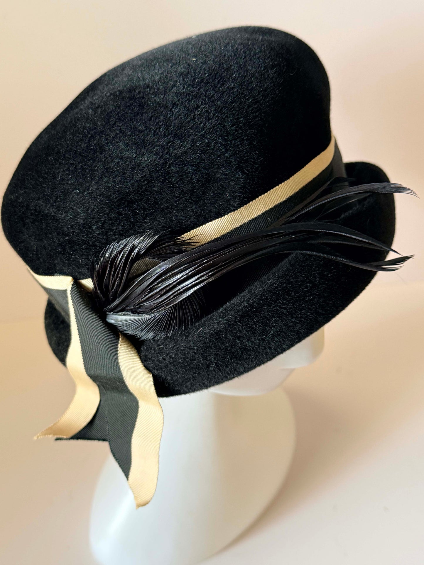 Vintage Adele Claire Black Velvet Cloche Hat 1960s Feather Cocktail Hat Black Wool Felt Designer Millinery