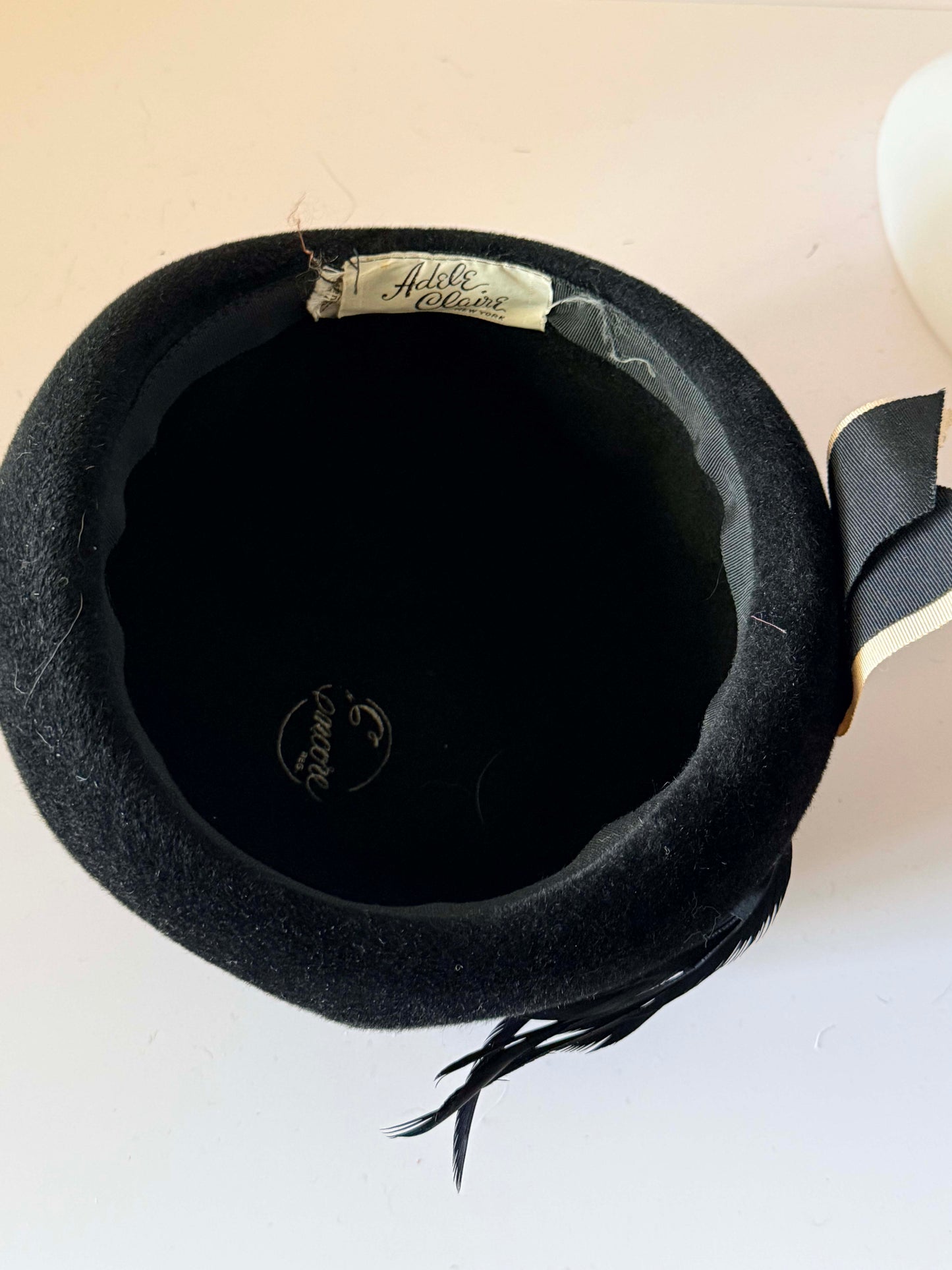 Vintage Adele Claire Black Velvet Cloche Hat 1960s Feather Cocktail Hat Black Wool Felt Designer Millinery