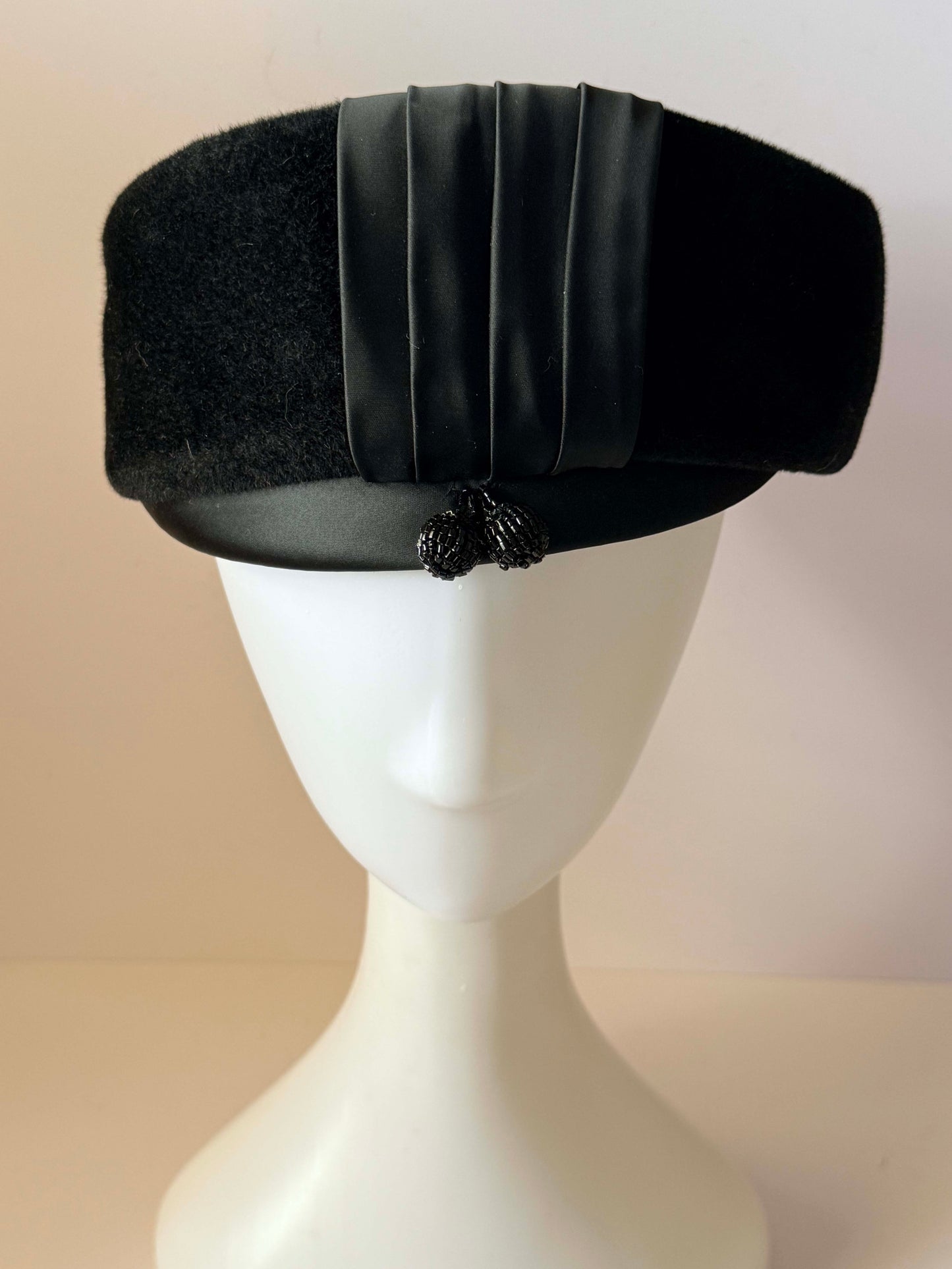 1960s Francois Paris New York Black Velvet Pillbox Hat Vintage Cocktail Hat Designer Millinery
