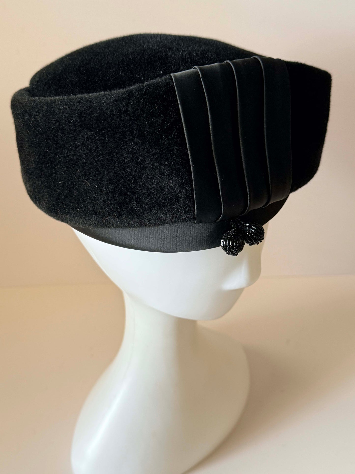 1960s Francois Paris New York Black Velvet Pillbox Hat Vintage Cocktail Hat Designer Millinery