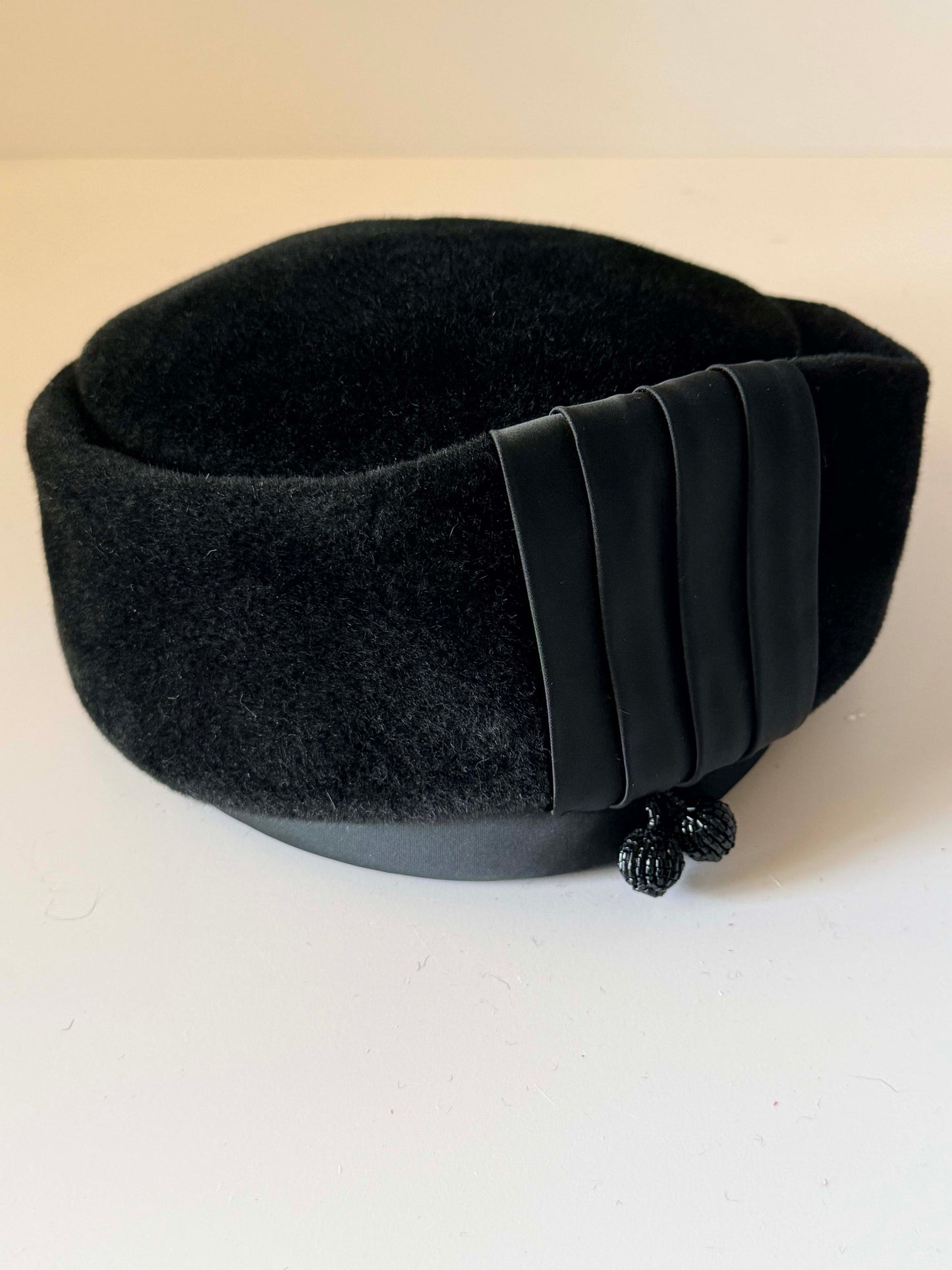 1960s Francois Paris New York Black Velvet Pillbox Hat Vintage Cocktail Hat Designer Millinery