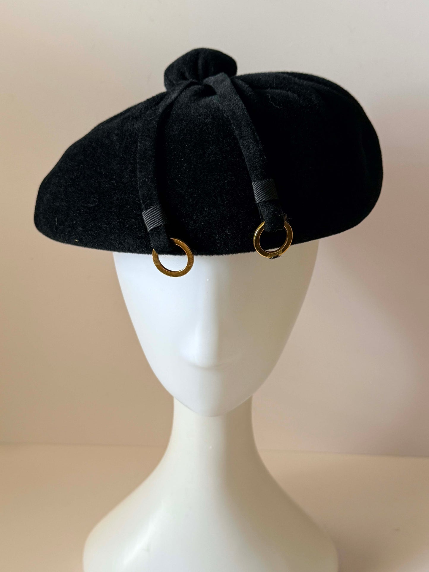 1960s Lecie Black Wool Felt Beret Vintage Designer Cocktail Hat Black Wool Felt Mid Century Millinery