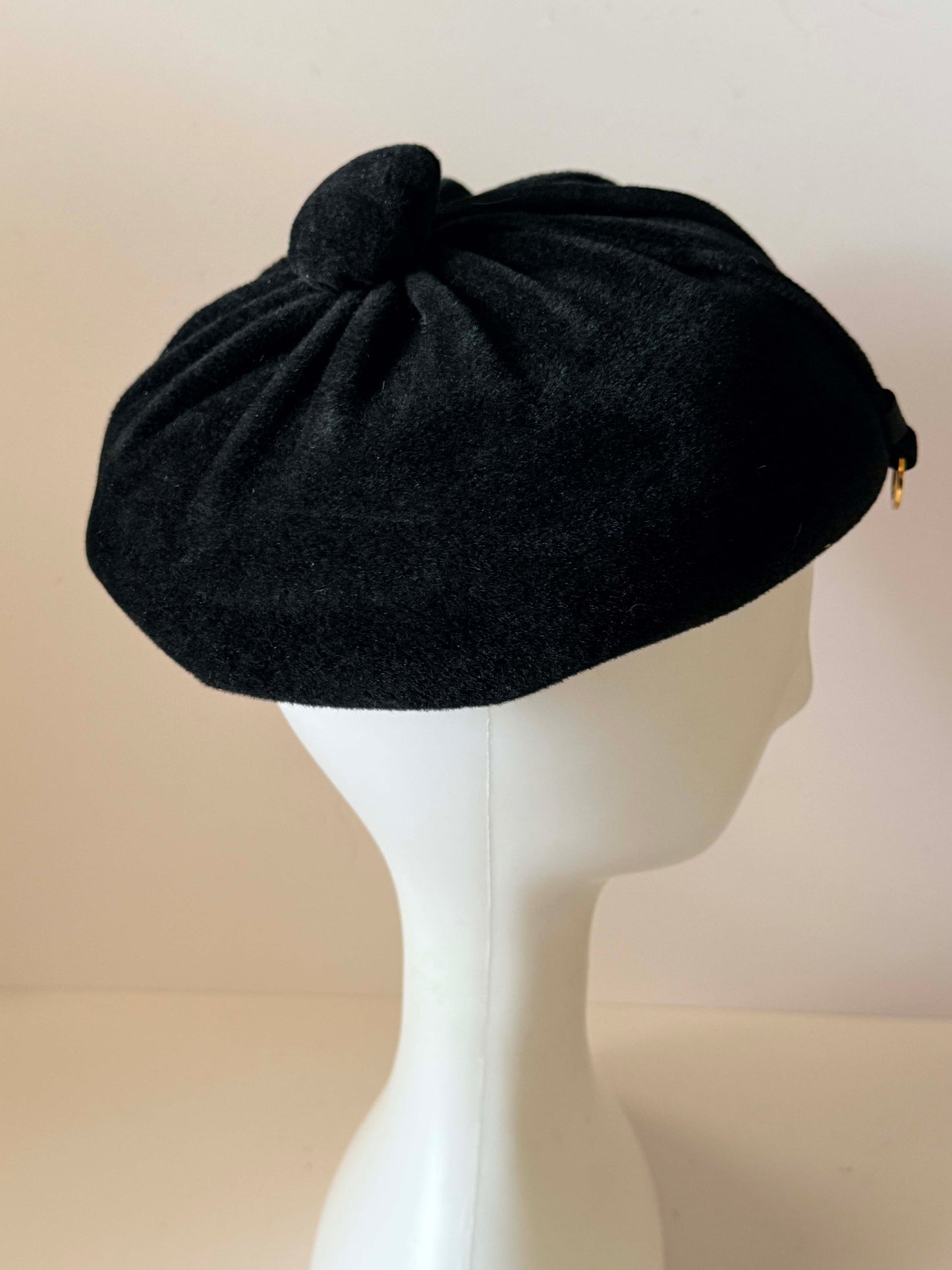 1960s Lecie Black Wool Felt Beret Vintage Designer Cocktail Hat Black Wool Felt Mid Century Millinery