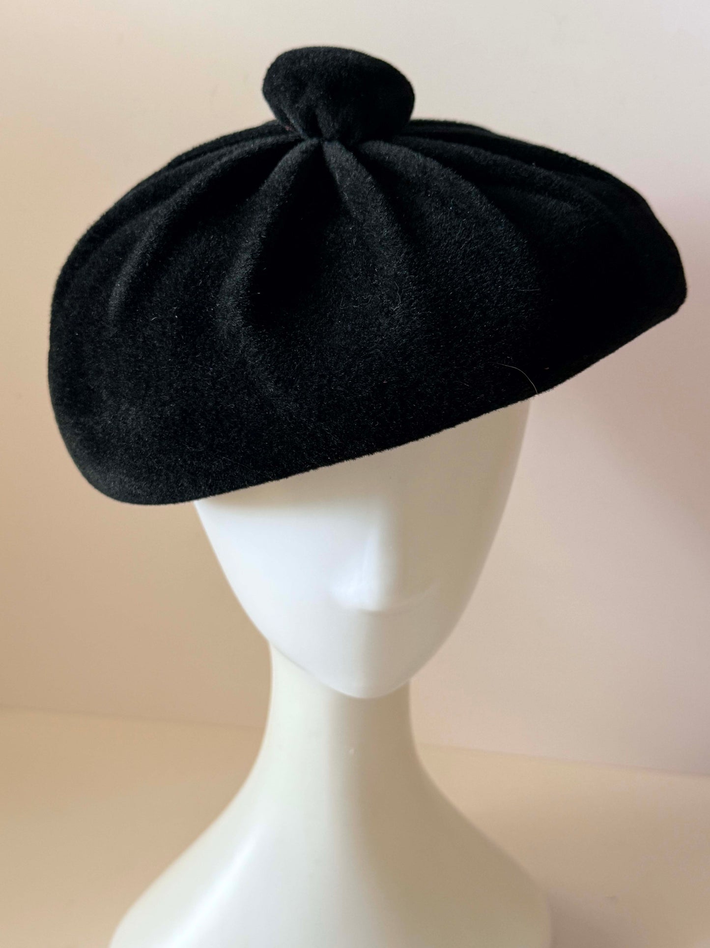 1960s Lecie Black Wool Felt Beret Vintage Designer Cocktail Hat Black Wool Felt Mid Century Millinery