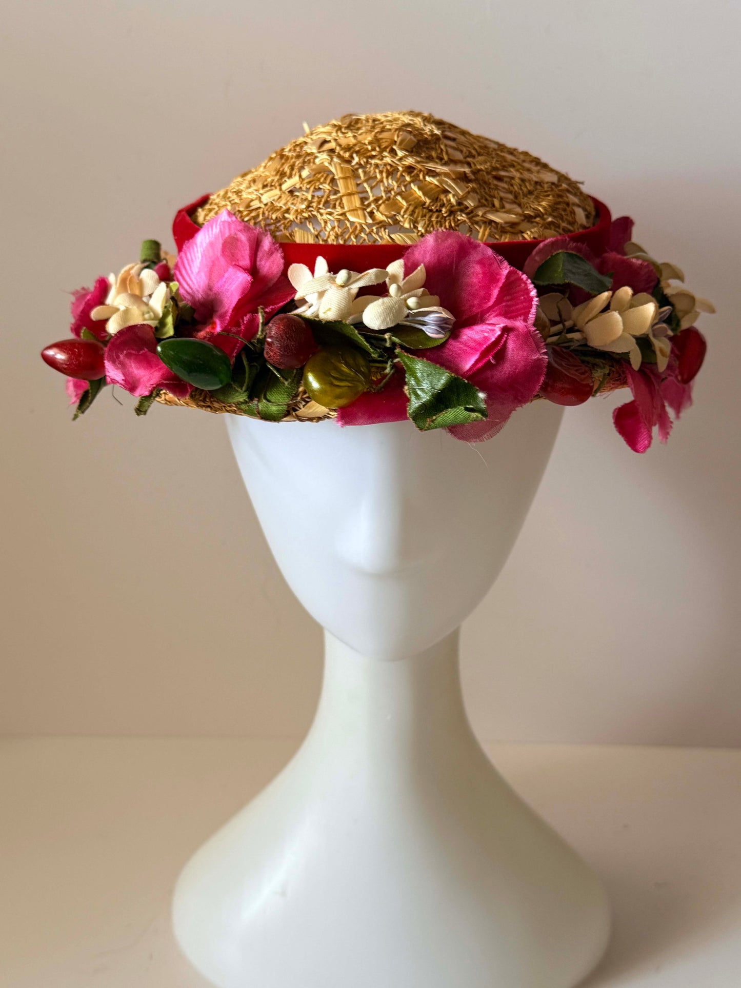 Vintage 1950s Dayton's Floral Straw Half Hat Red Velvet Bow | Mid Century Tilt Hat | Garden Party | Kentucky Derby | Bridal