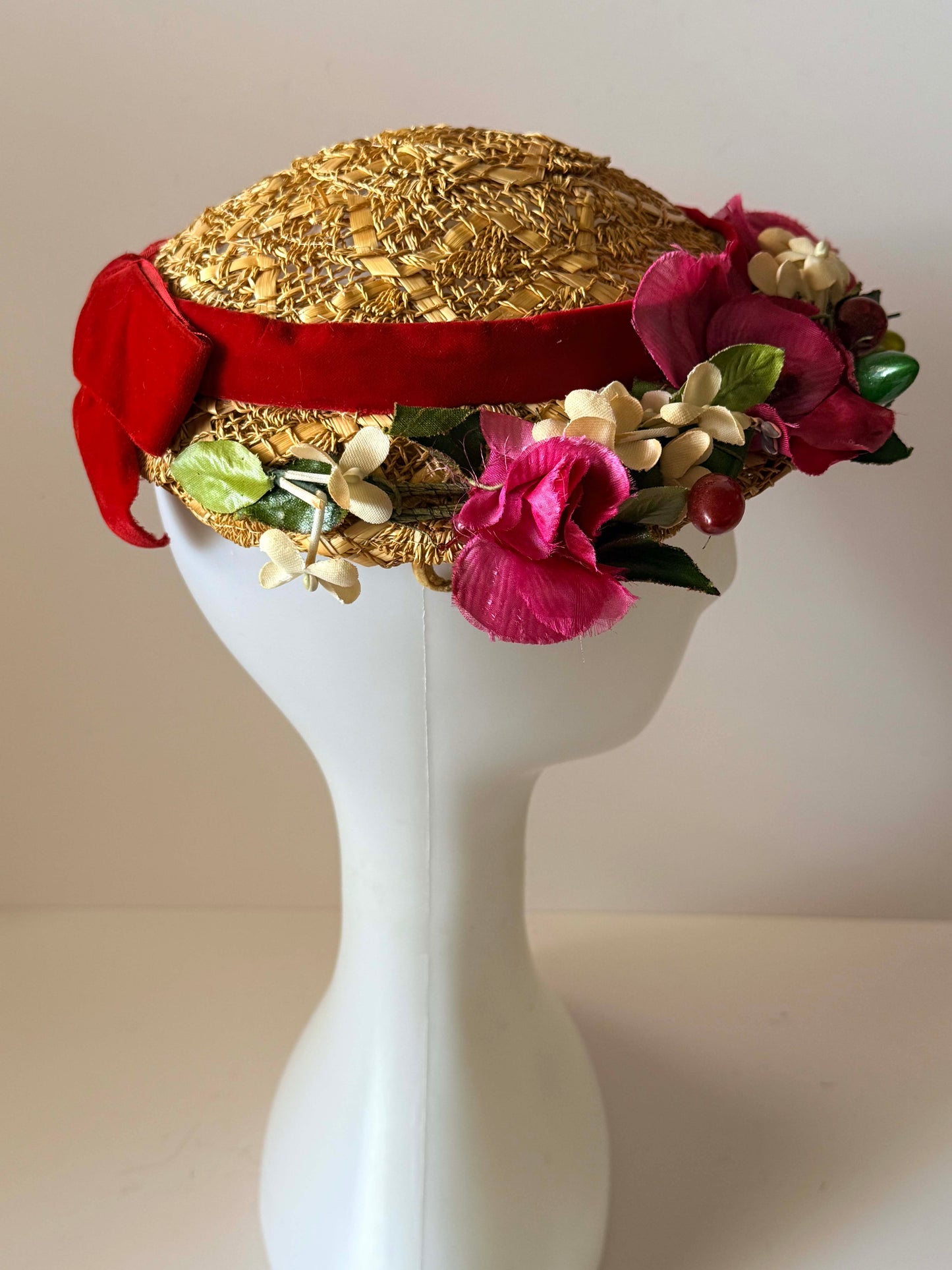 Vintage 1950s Dayton's Floral Straw Half Hat Red Velvet Bow | Mid Century Tilt Hat | Garden Party | Kentucky Derby | Bridal