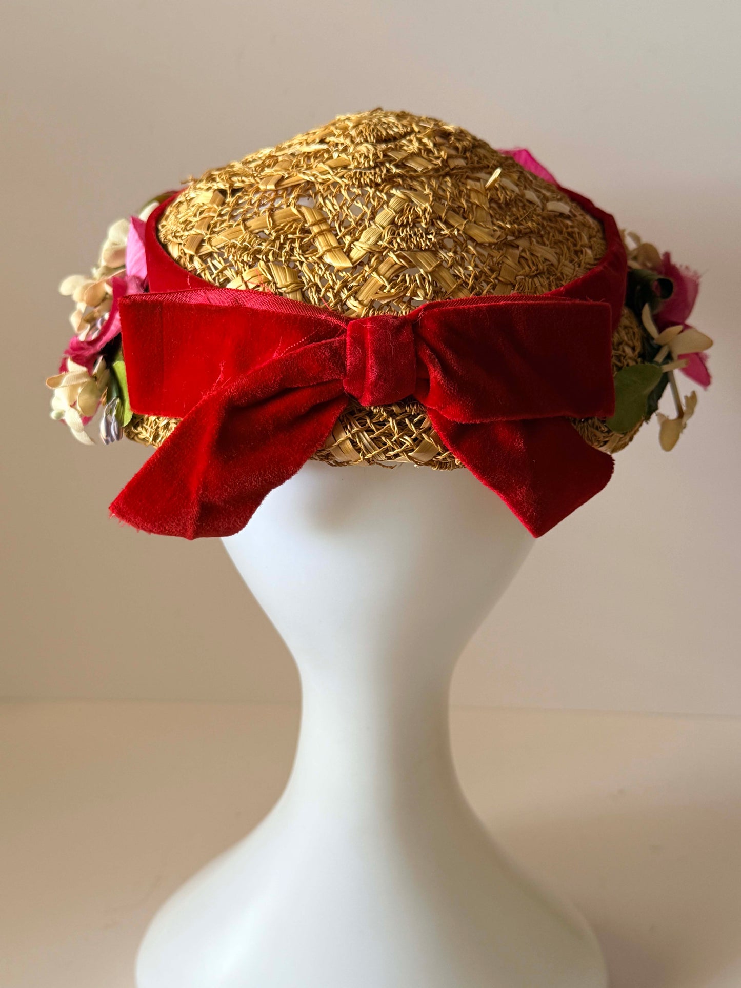 Vintage 1950s Dayton's Floral Straw Half Hat Red Velvet Bow | Mid Century Tilt Hat | Garden Party | Kentucky Derby | Bridal