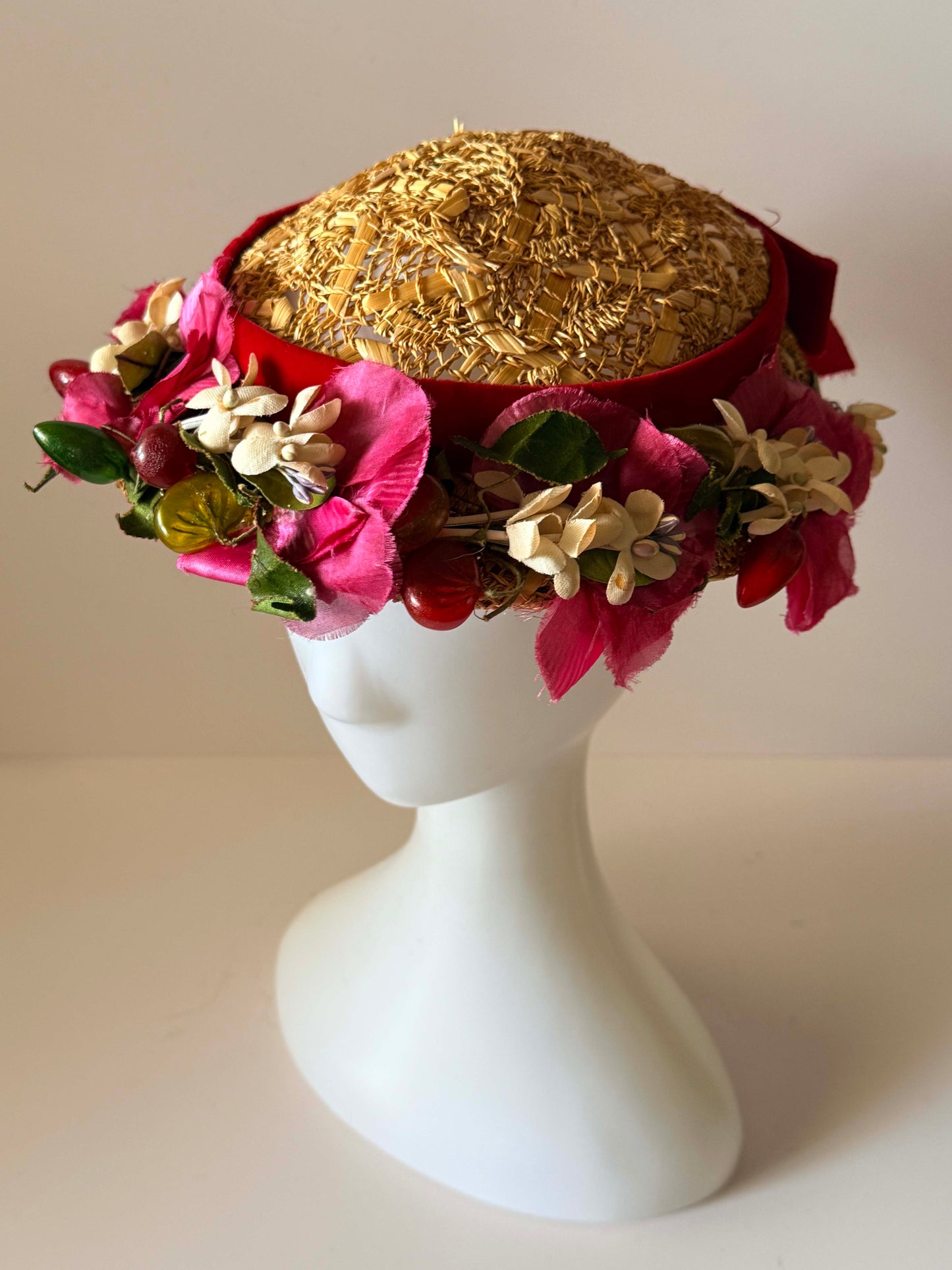 Vintage 1950s Dayton's Floral Straw Half Hat Red Velvet Bow | Mid Century Tilt Hat | Garden Party | Kentucky Derby | Bridal