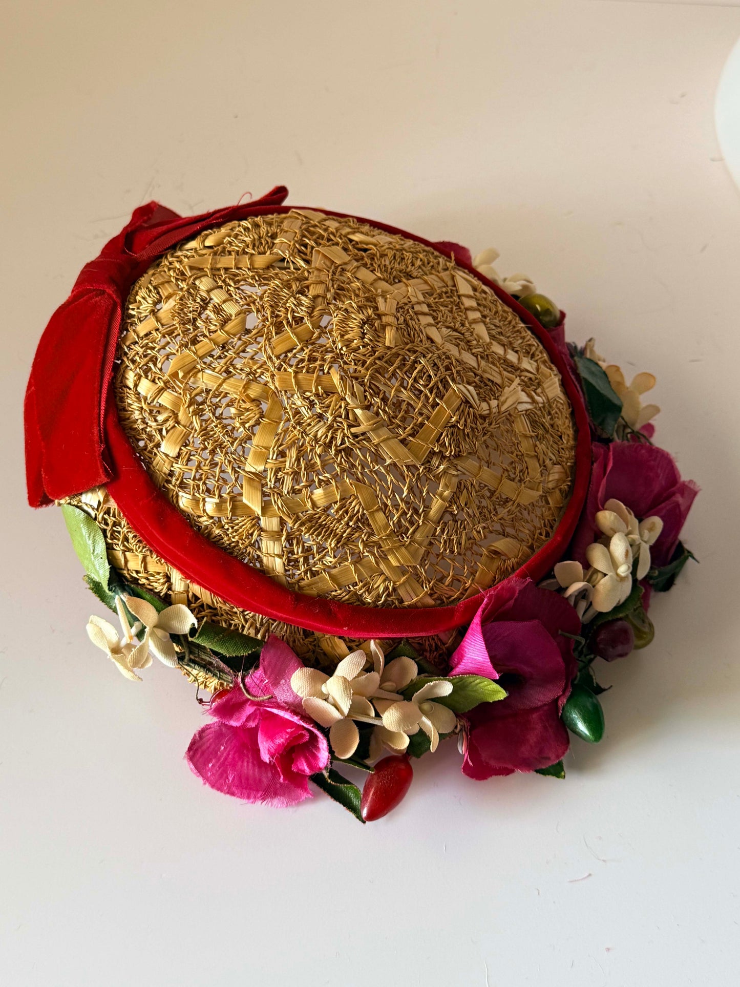Vintage 1950s Dayton's Floral Straw Half Hat Red Velvet Bow | Mid Century Tilt Hat | Garden Party | Kentucky Derby | Bridal