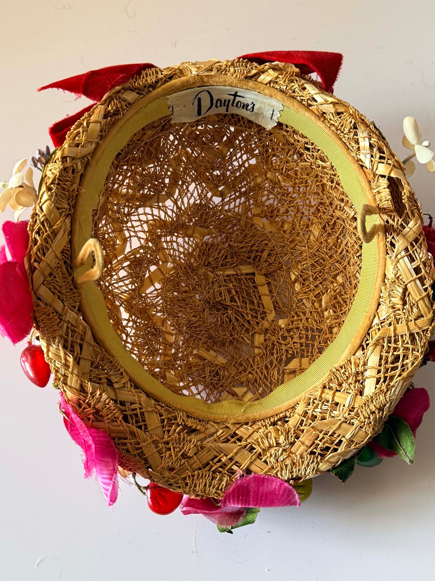 Vintage 1950s Dayton's Floral Straw Half Hat Red Velvet Bow | Mid Century Tilt Hat | Garden Party | Kentucky Derby | Bridal