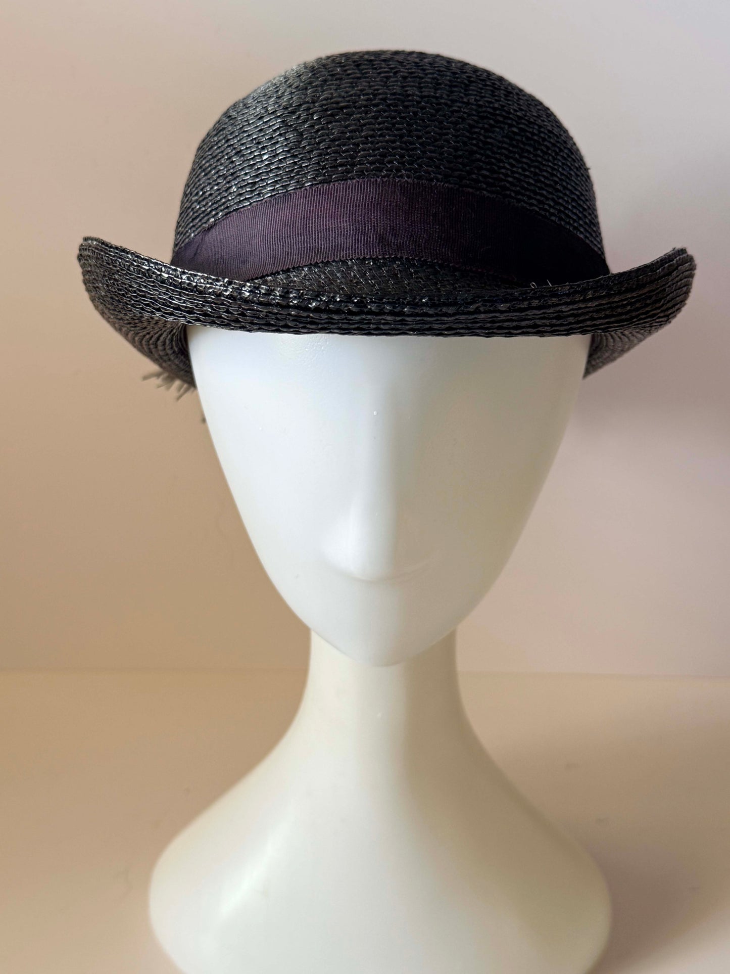 Vintage Career Collection Dark Navy Straw Bowler Hat Feather Trim Derby Hat Women's Summer Cocktail Millinery
