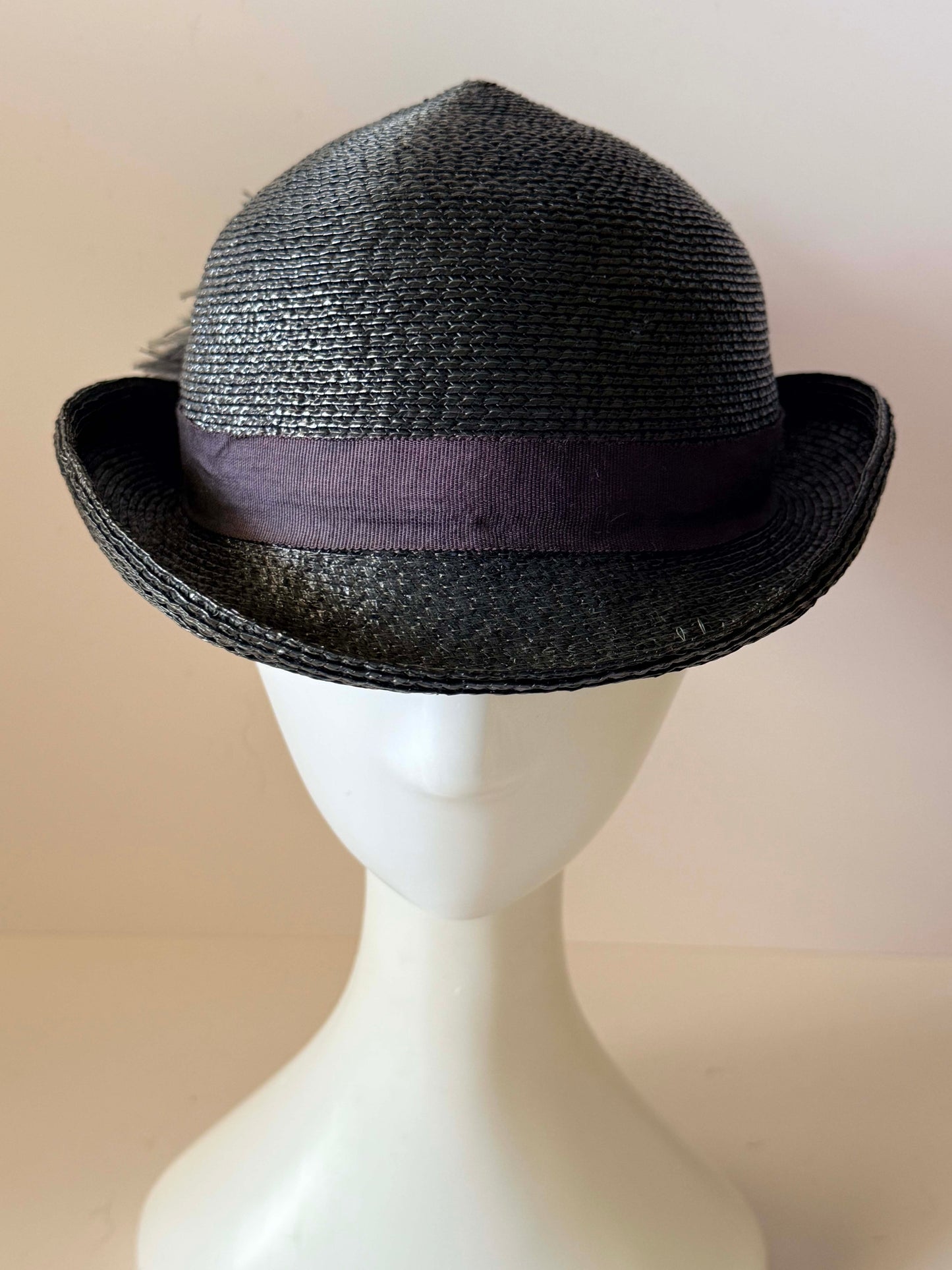 Vintage Career Collection Dark Navy Straw Bowler Hat Feather Trim Derby Hat Women's Summer Cocktail Millinery