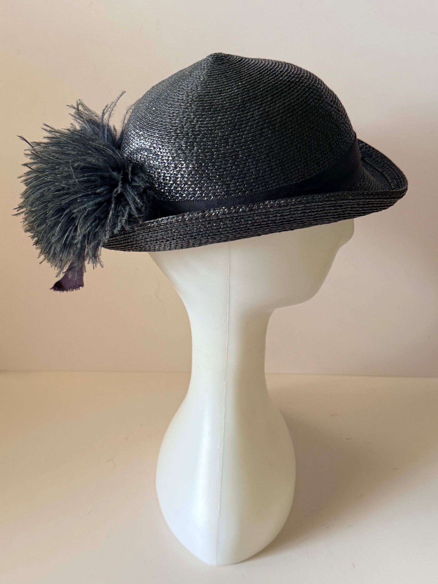 Vintage Career Collection Dark Navy Straw Bowler Hat Feather Trim Derby Hat Women's Summer Cocktail Millinery