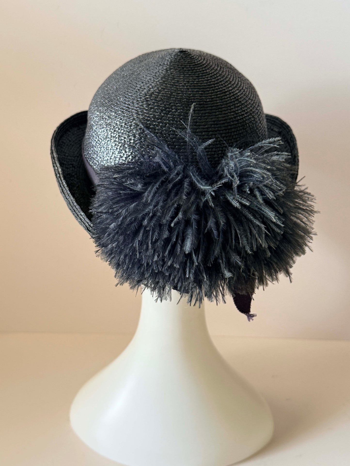 Vintage Career Collection Dark Navy Straw Bowler Hat Feather Trim Derby Hat Women's Summer Cocktail Millinery