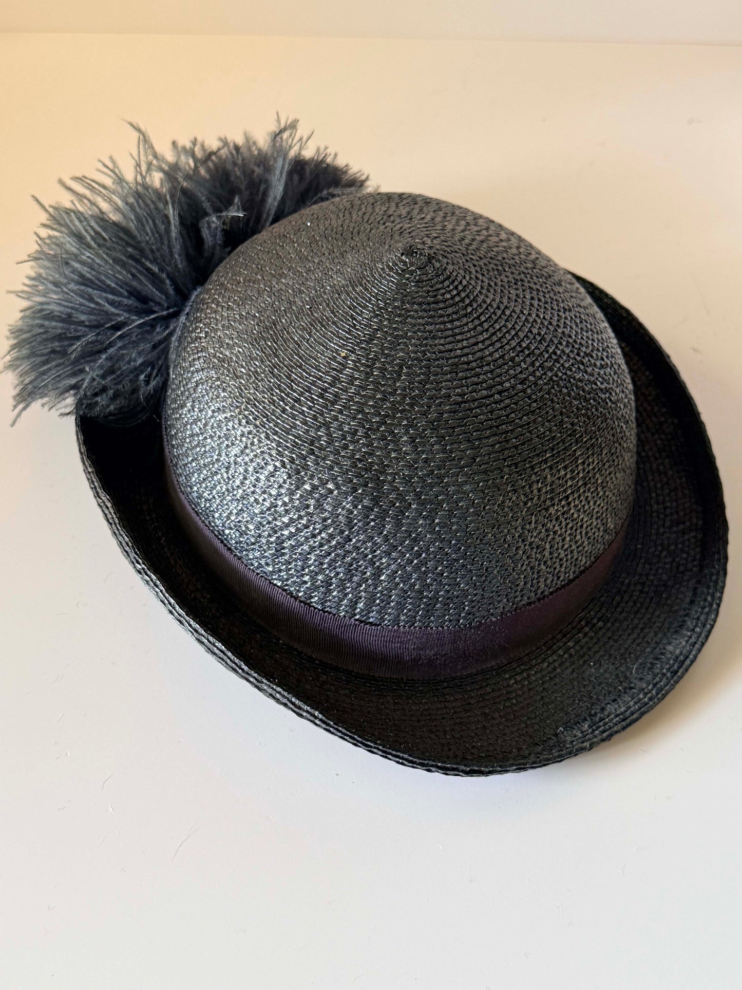 Vintage Career Collection Dark Navy Straw Bowler Hat Feather Trim Derby Hat Women's Summer Cocktail Millinery