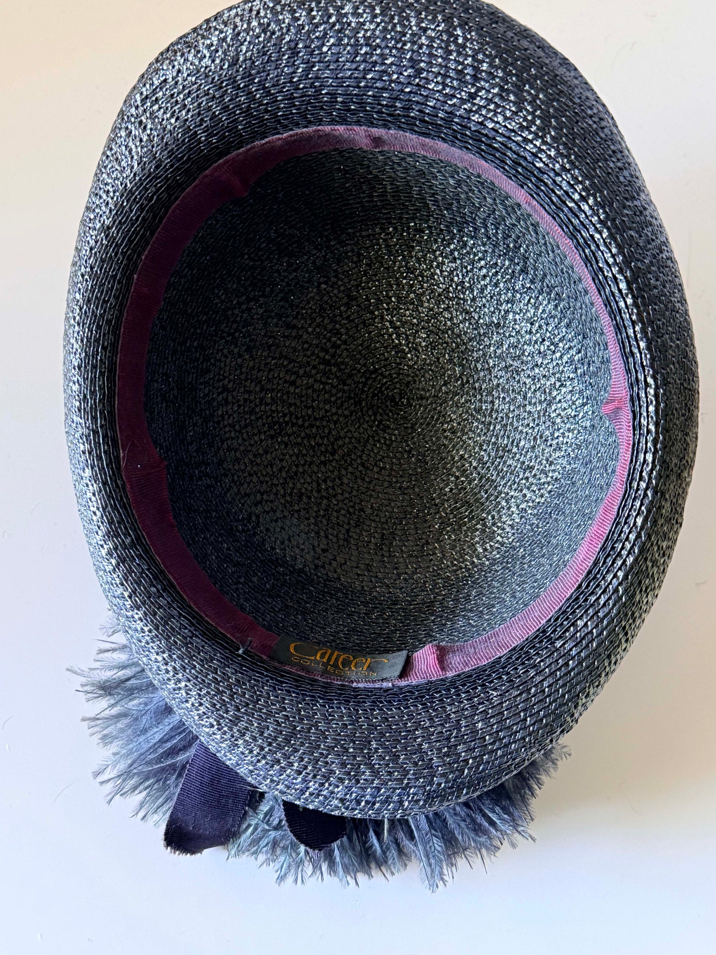 Vintage Career Collection Dark Navy Straw Bowler Hat Feather Trim Derby Hat Women's Summer Cocktail Millinery