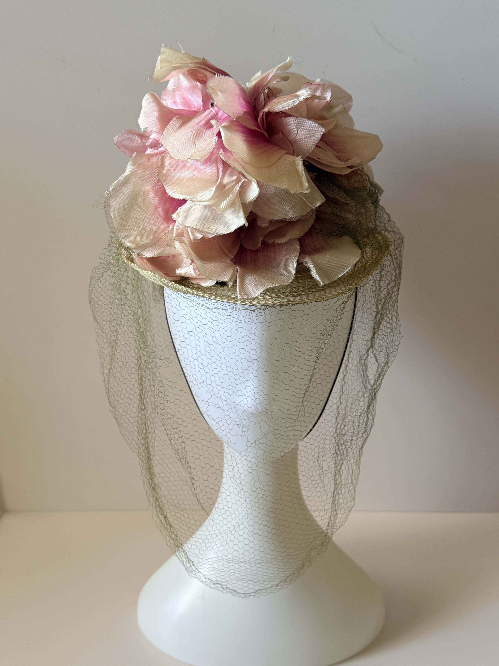 Vintage George Mandel Hat Late 1940s Floral Cocktail Hat Pink Silk Flowers Straw Tilt Hat Birdcage Veil