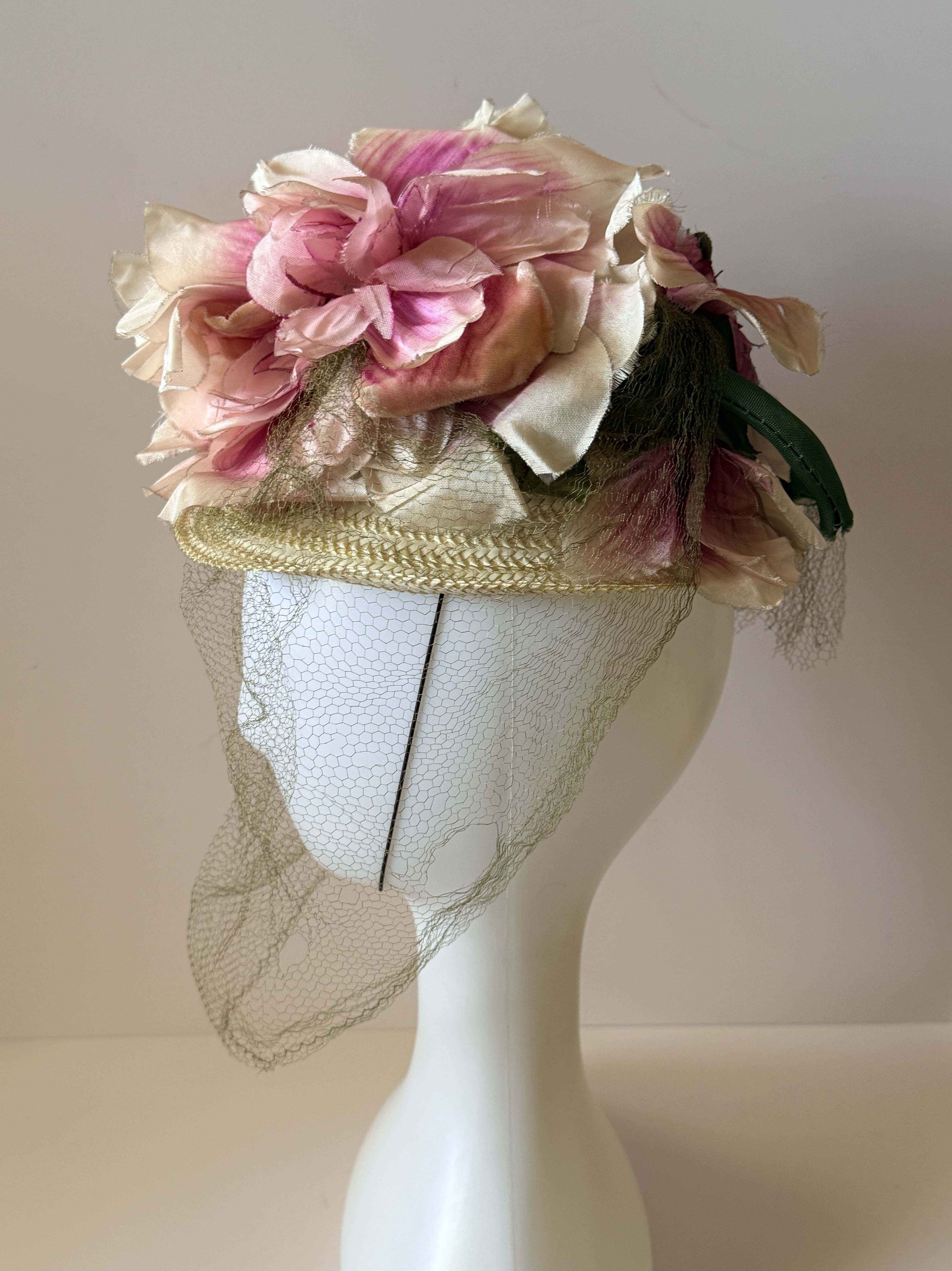 Vintage George Mandel Hat Late 1940s Floral Cocktail Hat Pink Silk Flowers Straw Tilt Hat Birdcage Veil