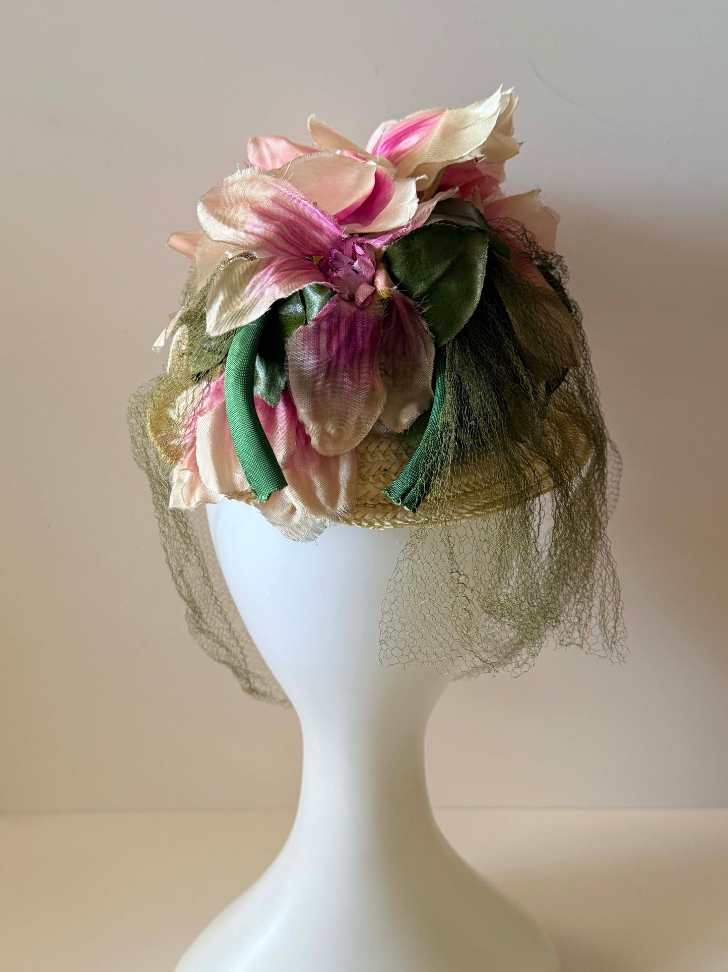 Vintage George Mandel Hat Late 1940s Floral Cocktail Hat Pink Silk Flowers Straw Tilt Hat Birdcage Veil