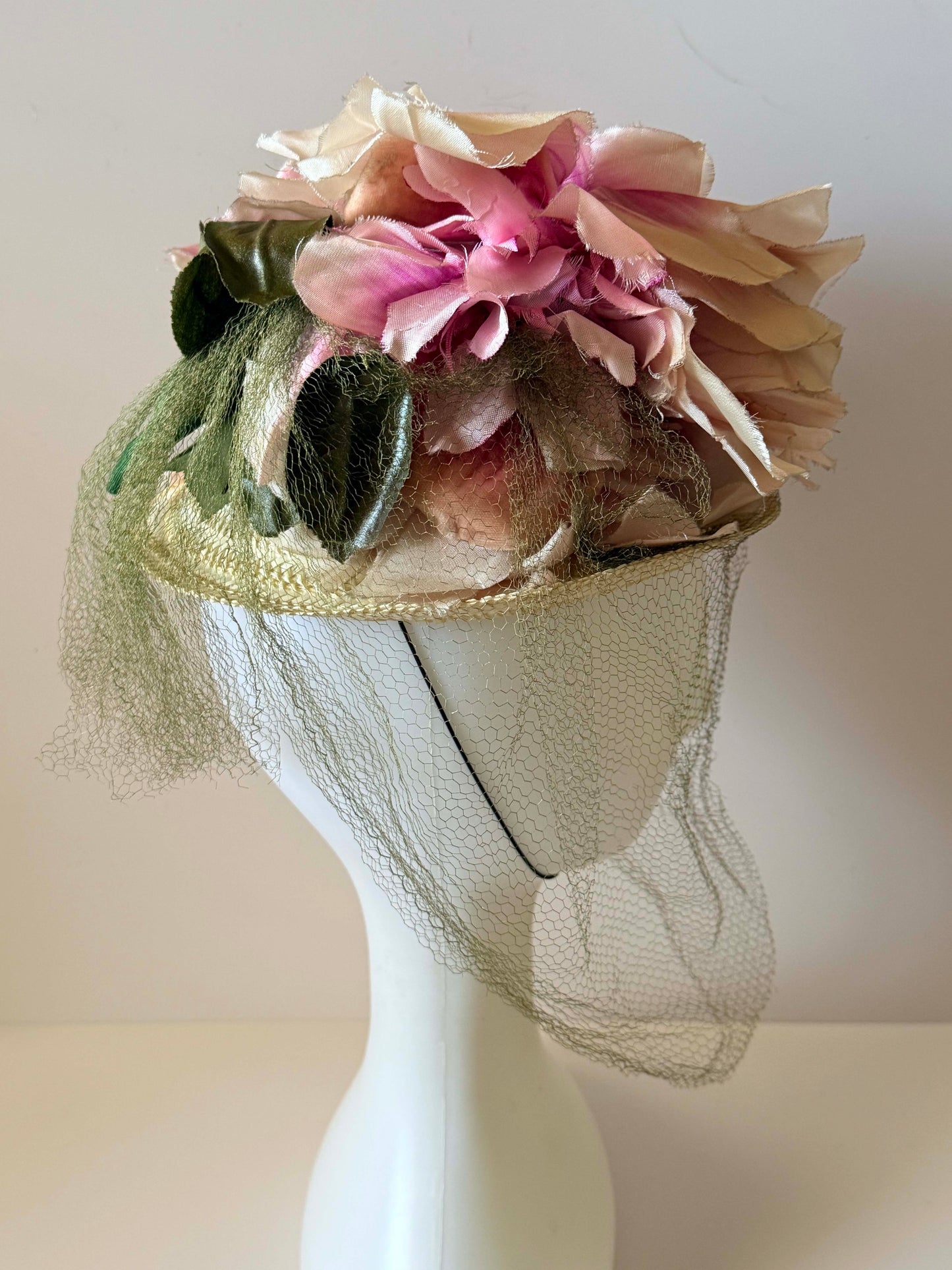 Vintage George Mandel Hat Late 1940s Floral Cocktail Hat Pink Silk Flowers Straw Tilt Hat Birdcage Veil