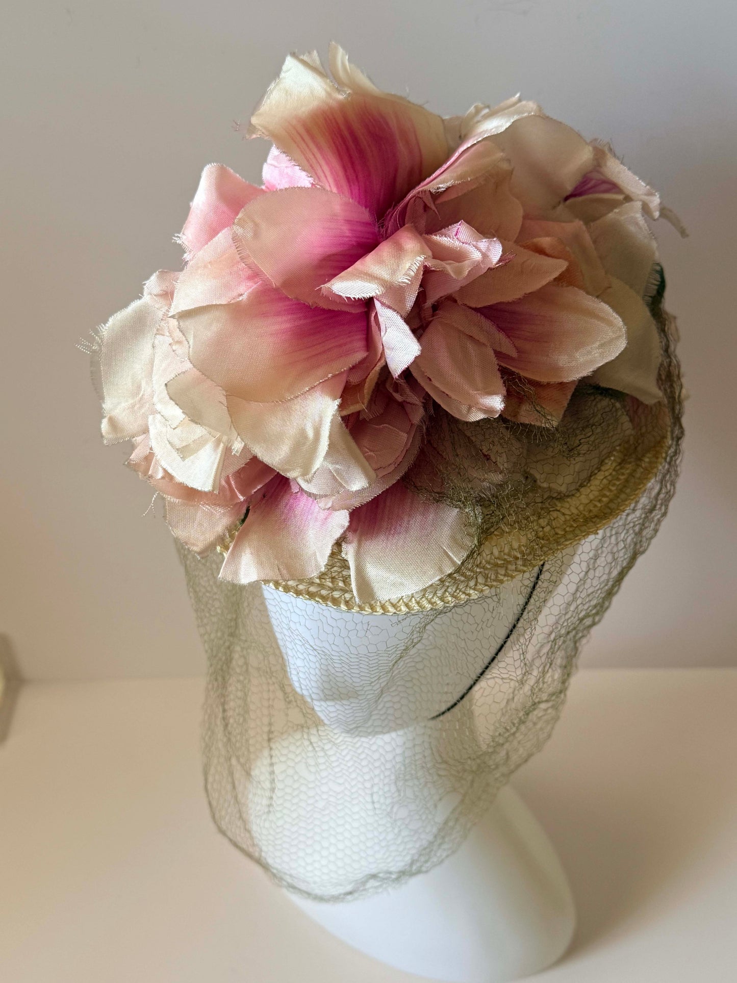 Vintage George Mandel Hat Late 1940s Floral Cocktail Hat Pink Silk Flowers Straw Tilt Hat Birdcage Veil