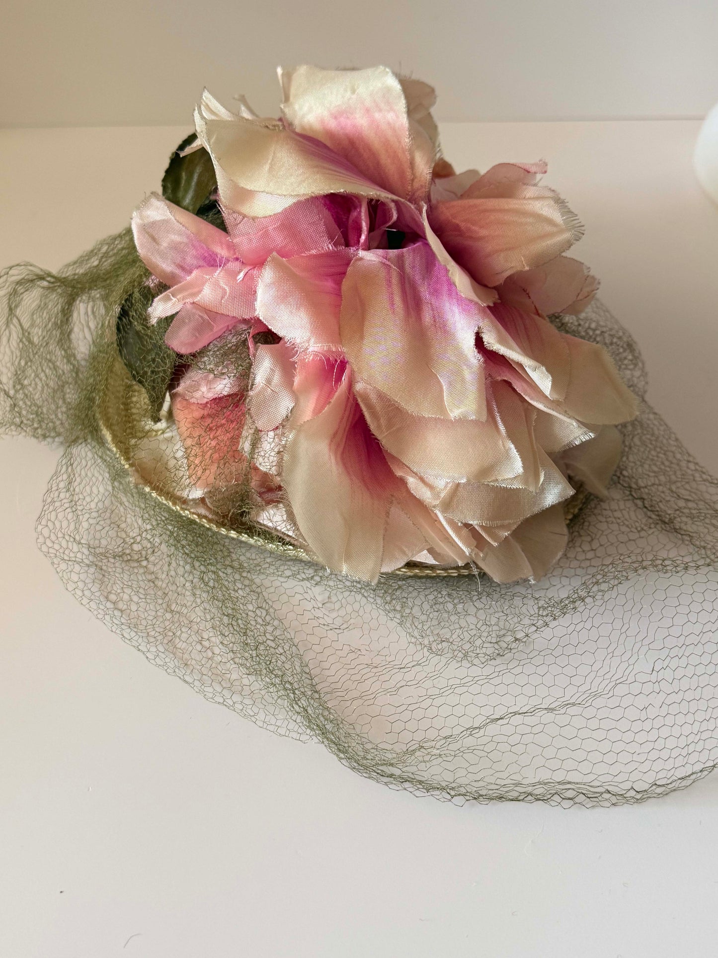 Vintage George Mandel Hat Late 1940s Floral Cocktail Hat Pink Silk Flowers Straw Tilt Hat Birdcage Veil