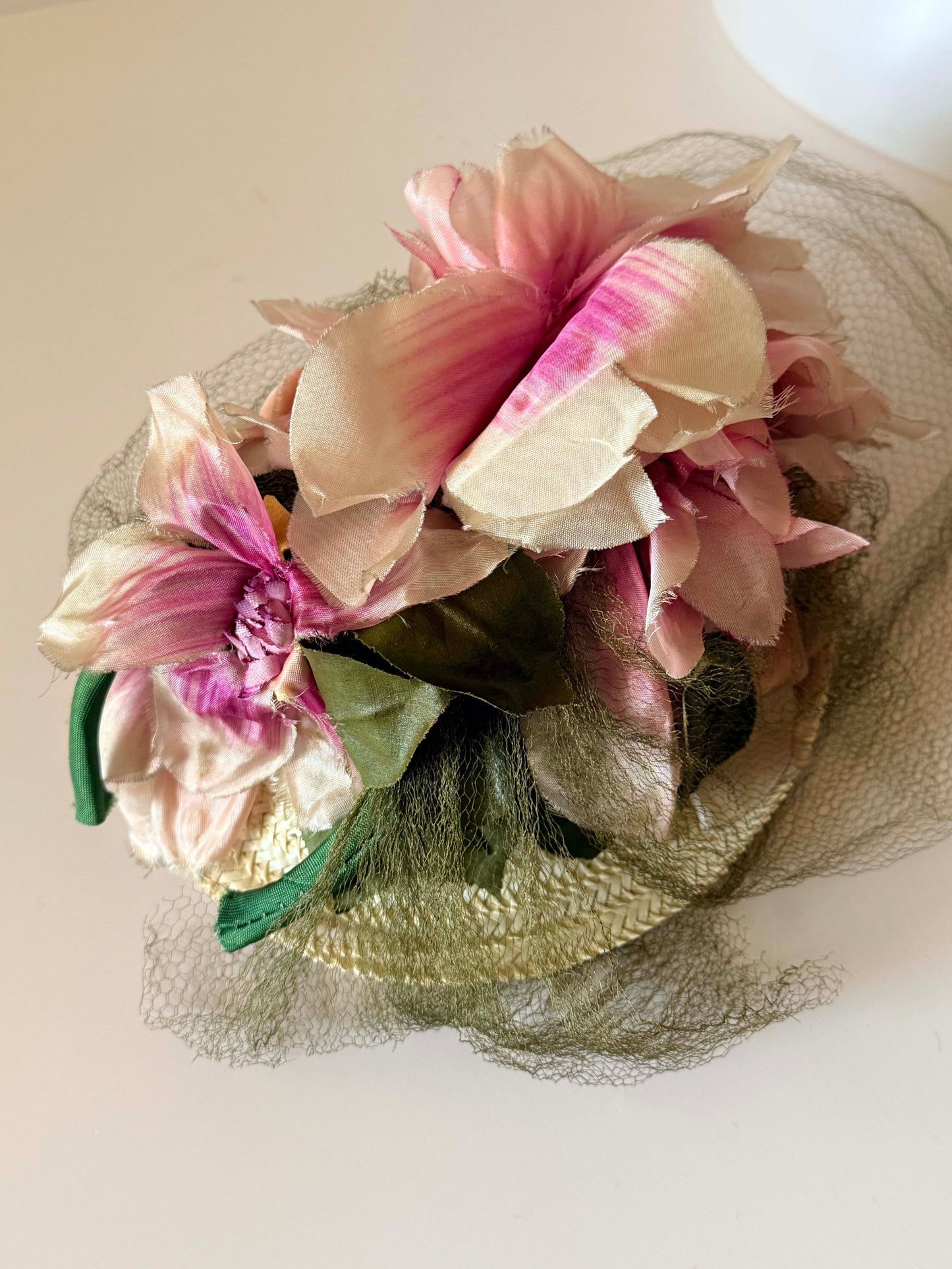 Vintage George Mandel Hat Late 1940s Floral Cocktail Hat Pink Silk Flowers Straw Tilt Hat Birdcage Veil