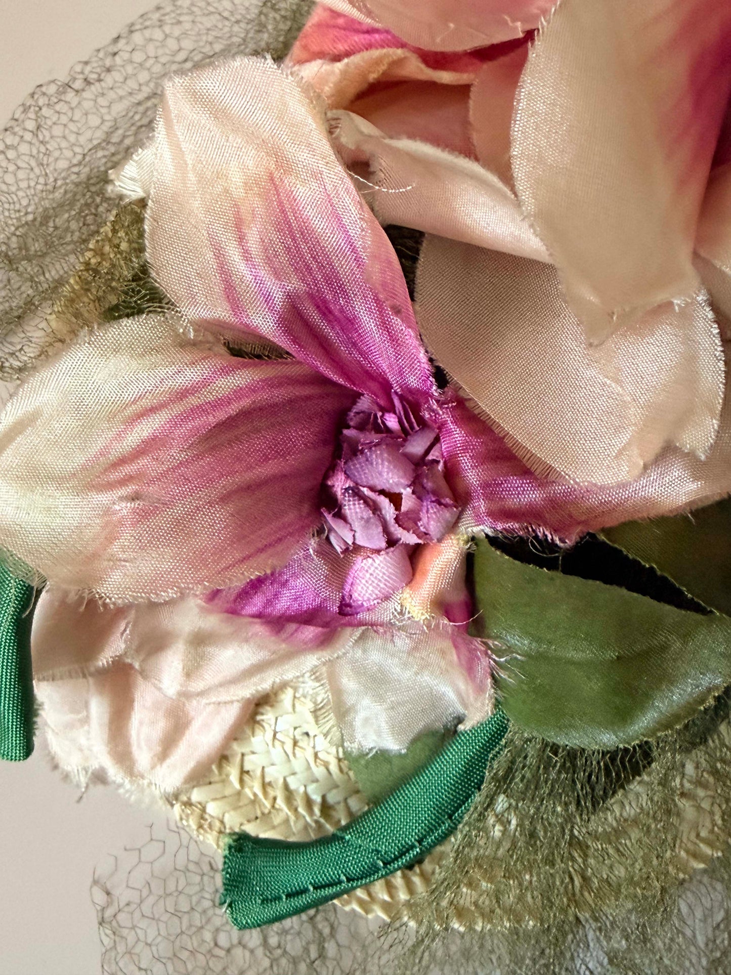 Vintage George Mandel Hat Late 1940s Floral Cocktail Hat Pink Silk Flowers Straw Tilt Hat Birdcage Veil