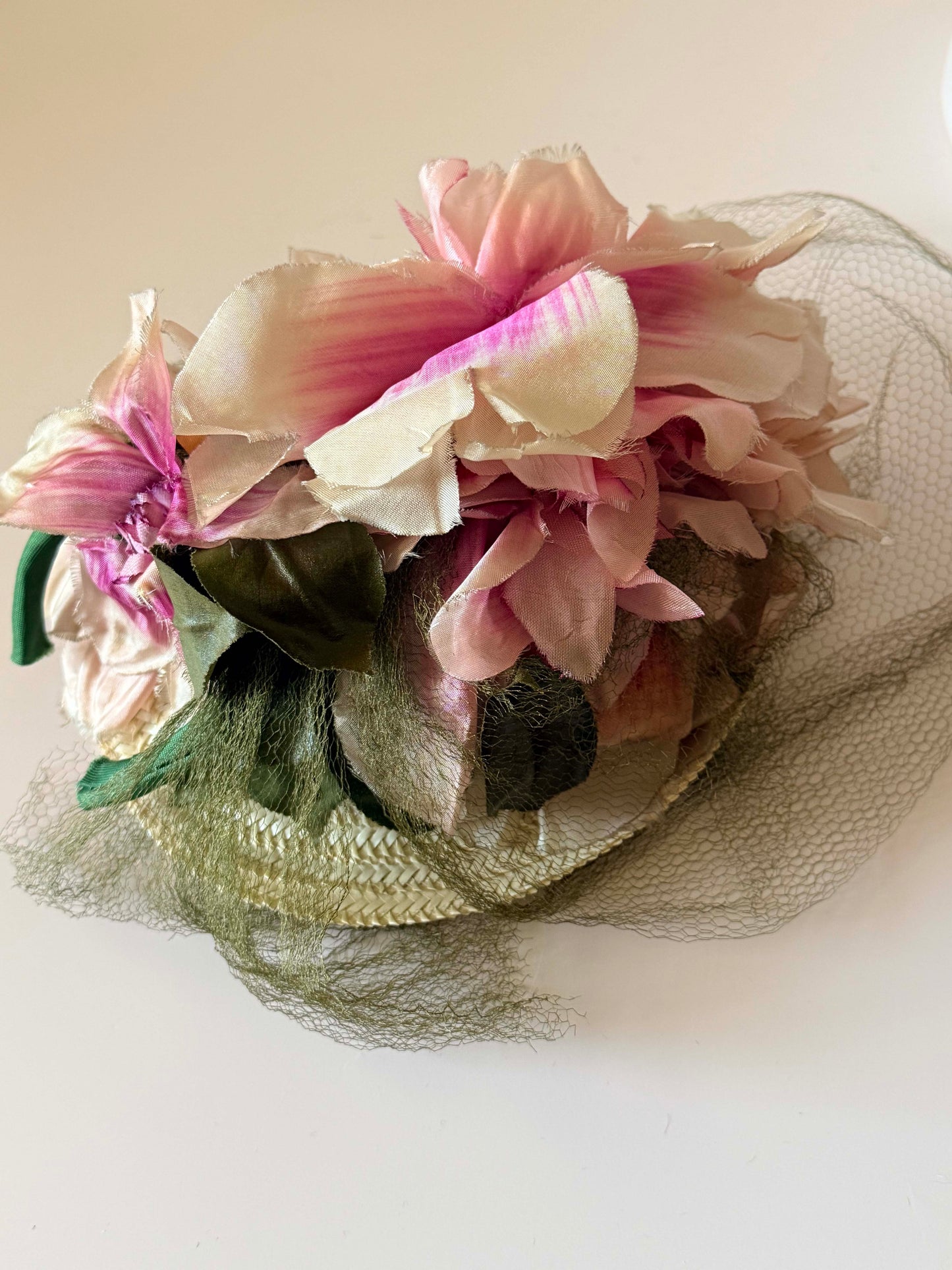 Vintage George Mandel Hat Late 1940s Floral Cocktail Hat Pink Silk Flowers Straw Tilt Hat Birdcage Veil