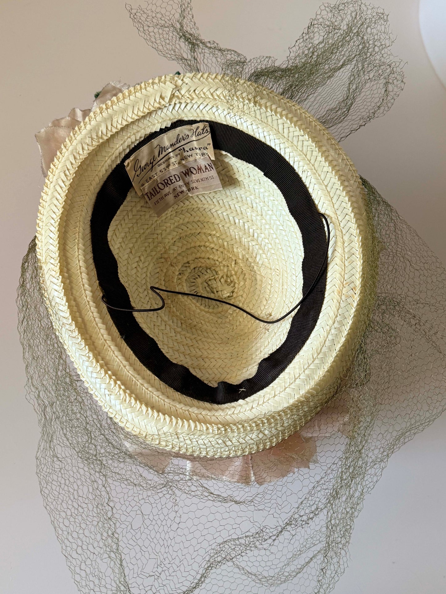 Vintage George Mandel Hat Late 1940s Floral Cocktail Hat Pink Silk Flowers Straw Tilt Hat Birdcage Veil