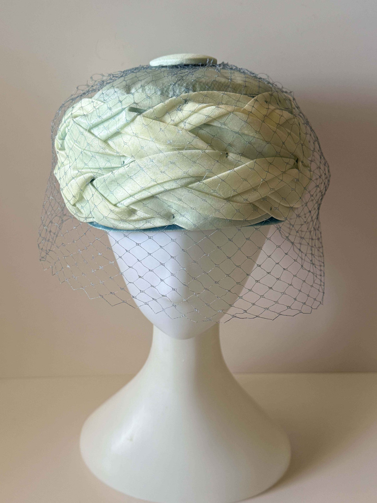 Vintage Ombre Blue Green Pillbox Hat 1960s Draped Satin Cocktail Hat Birdcage Veil Mid Century Church Hat