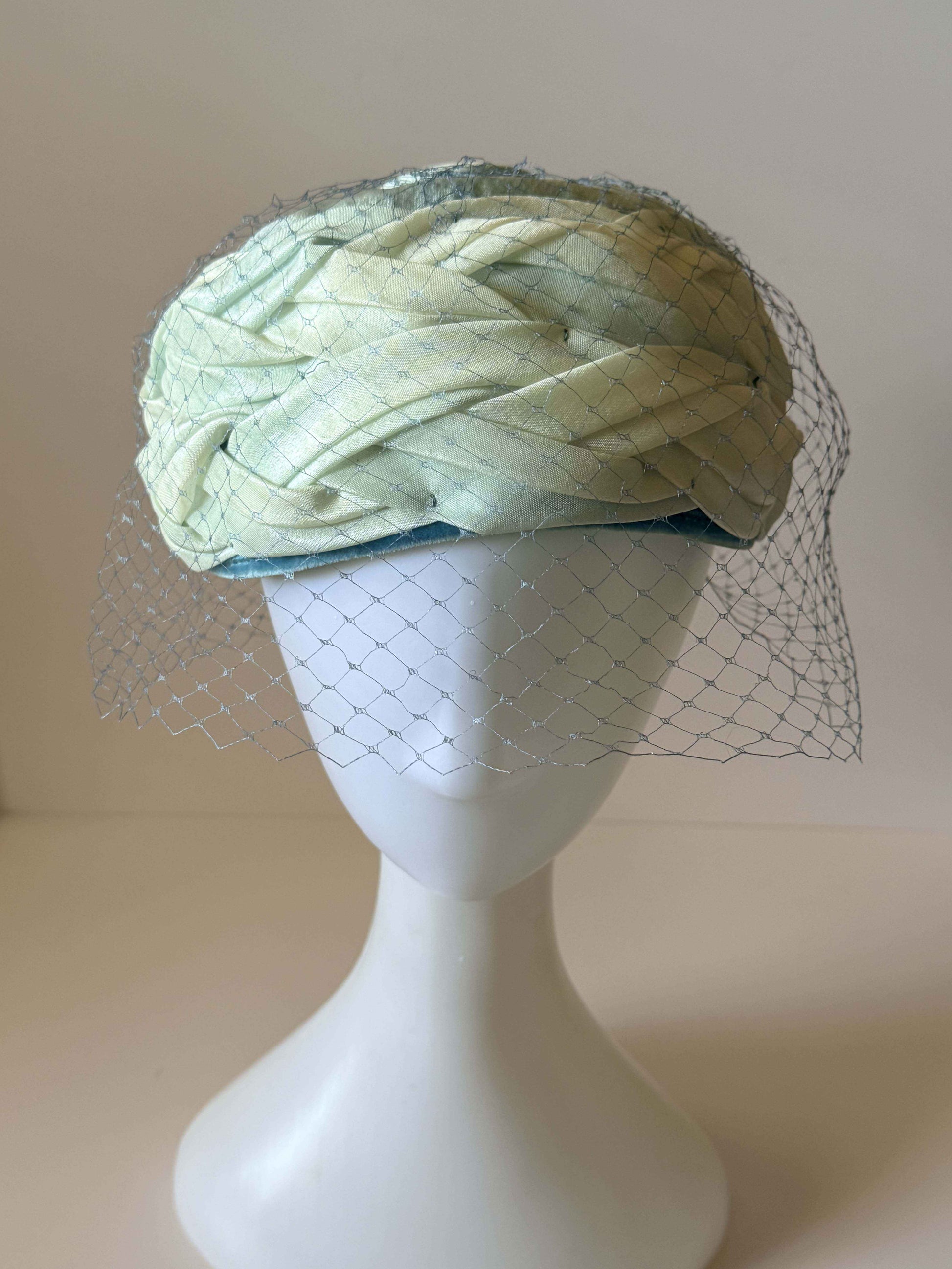 Vintage Ombre Blue Green Pillbox Hat 1960s Draped Satin Cocktail Hat Birdcage Veil Mid Century Church Hat