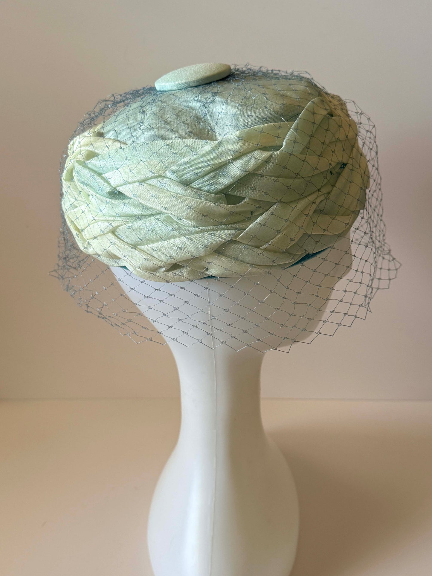 Vintage Ombre Blue Green Pillbox Hat 1960s Draped Satin Cocktail Hat Birdcage Veil Mid Century Church Hat